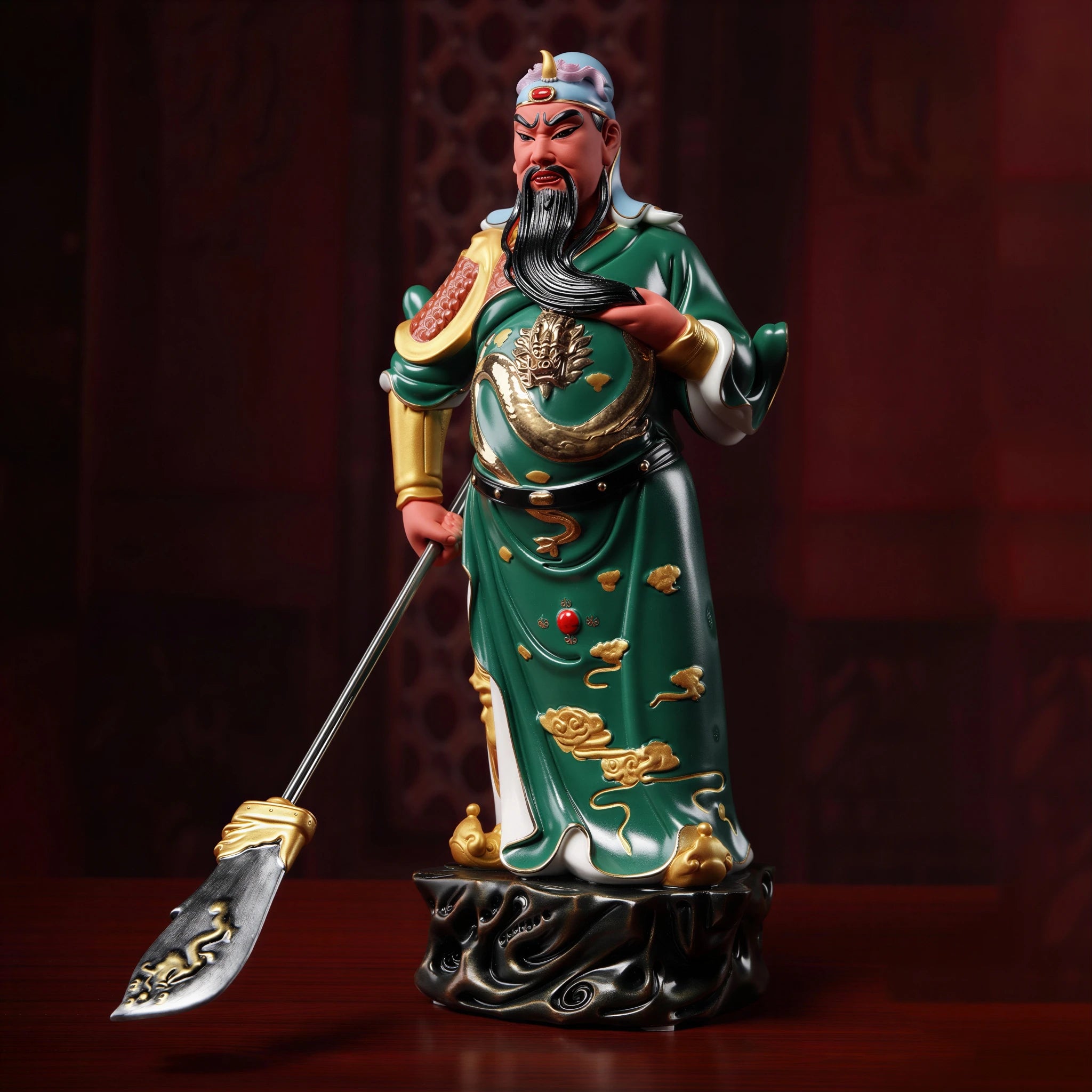 Full view of the standing Guan Gong with long crescent blade