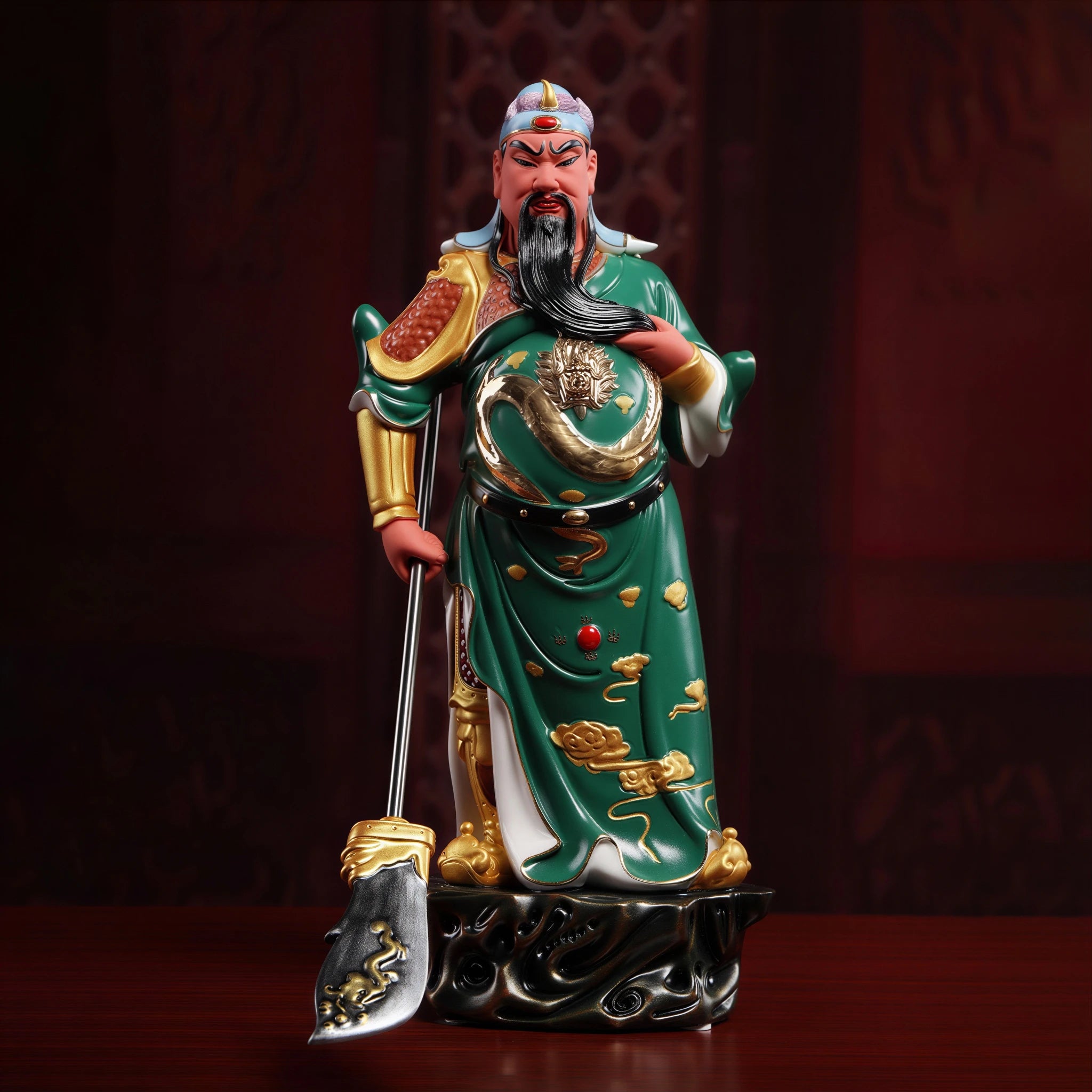 Front view of the emerald-robed Guan Gong on a rock-form base