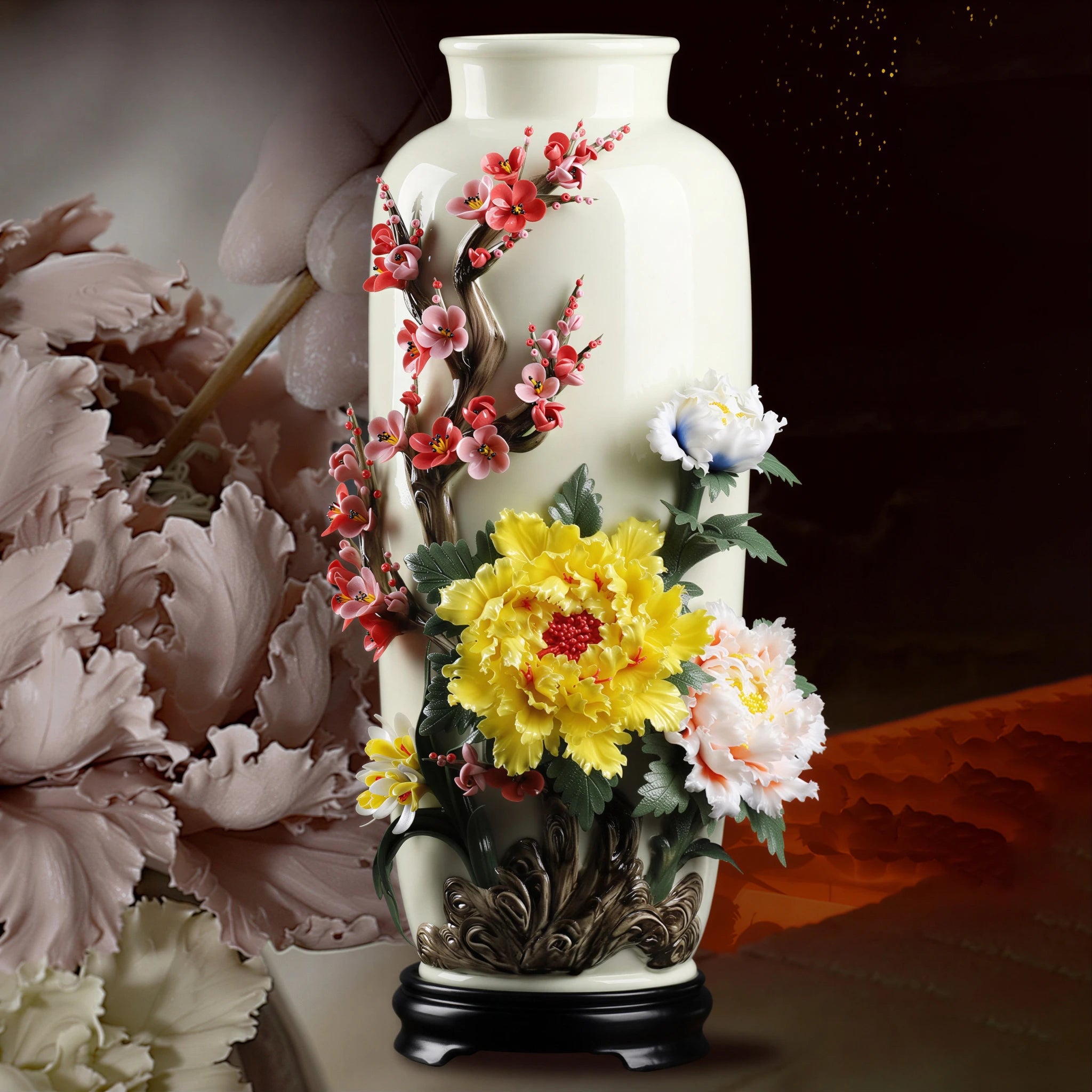 Dehua floral relief vase on a black stand against a ceramic flower-making backdrop