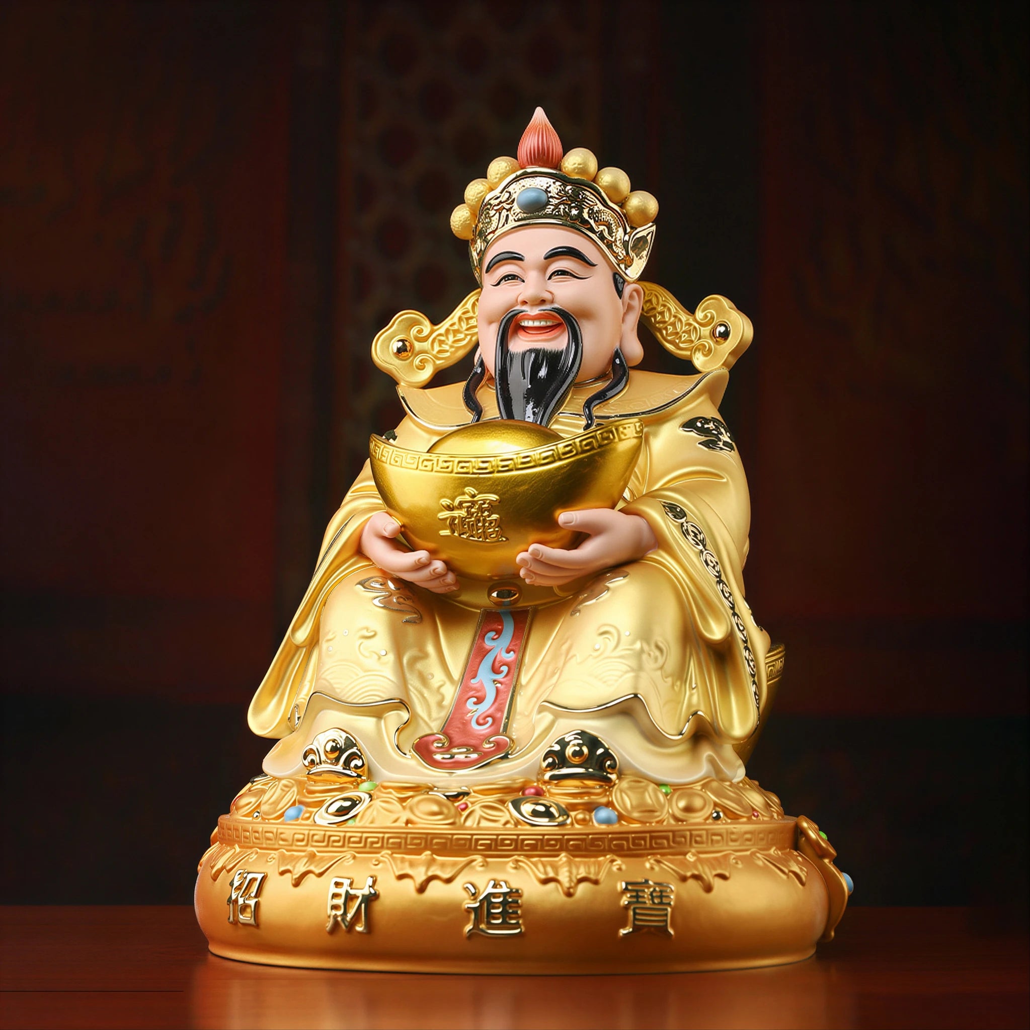 Angled view of the pearl-gold Fu Bao Caishen and throne