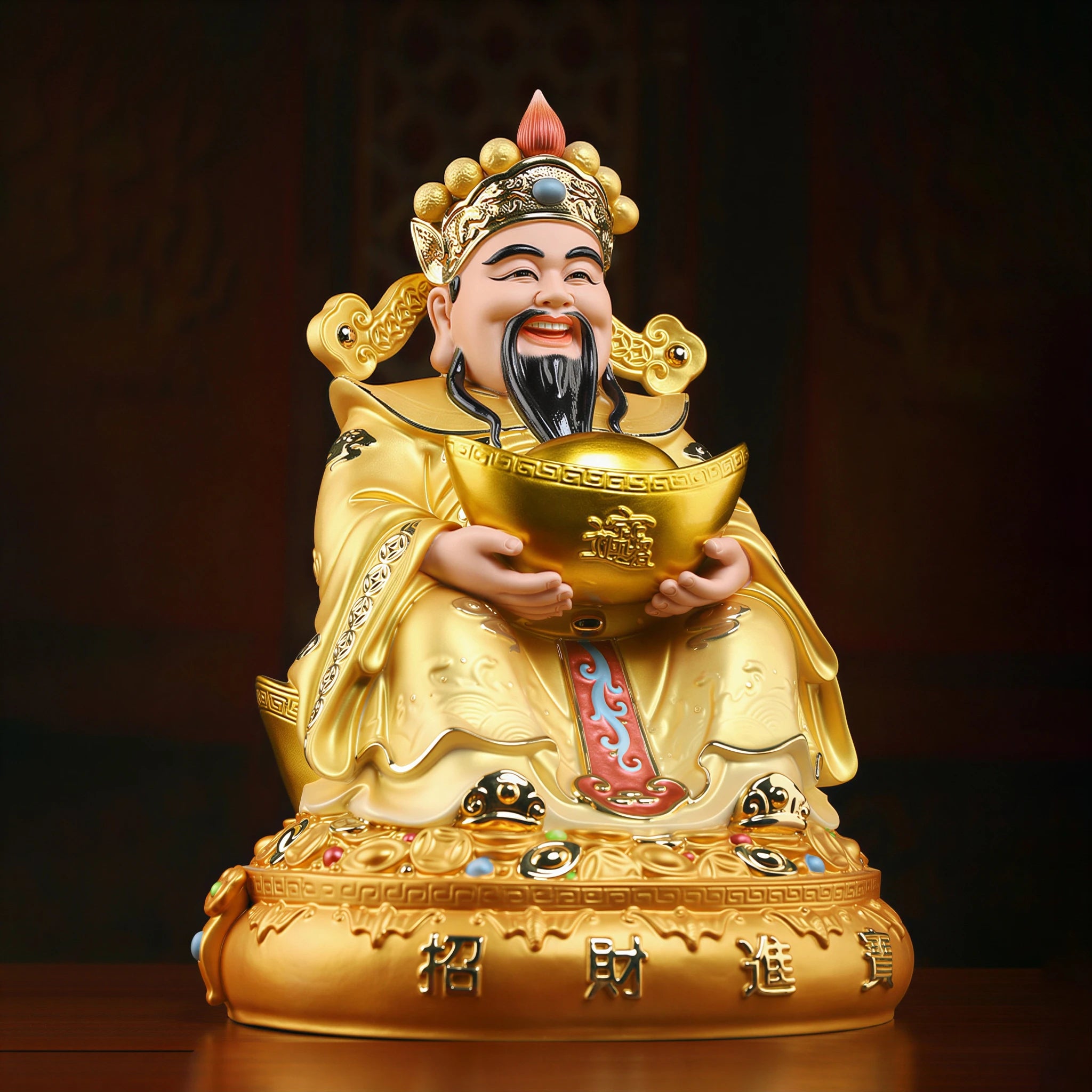 Side view of the pearl-gold Fu Bao Caishen porcelain sculpture