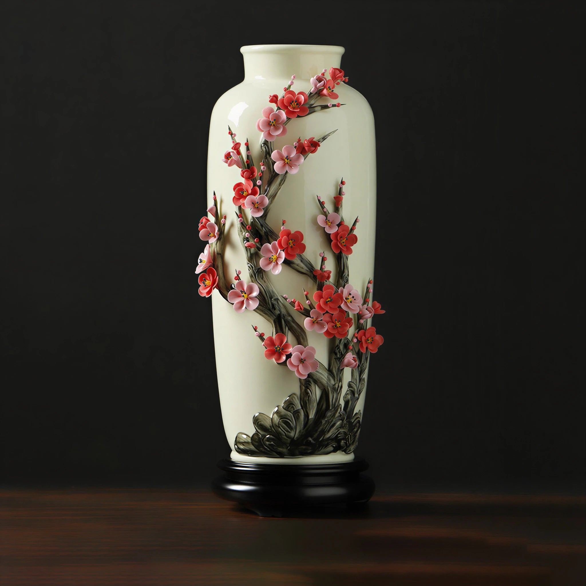 Front view of the full-branch Dehua vase with red and blush plum blossom relief