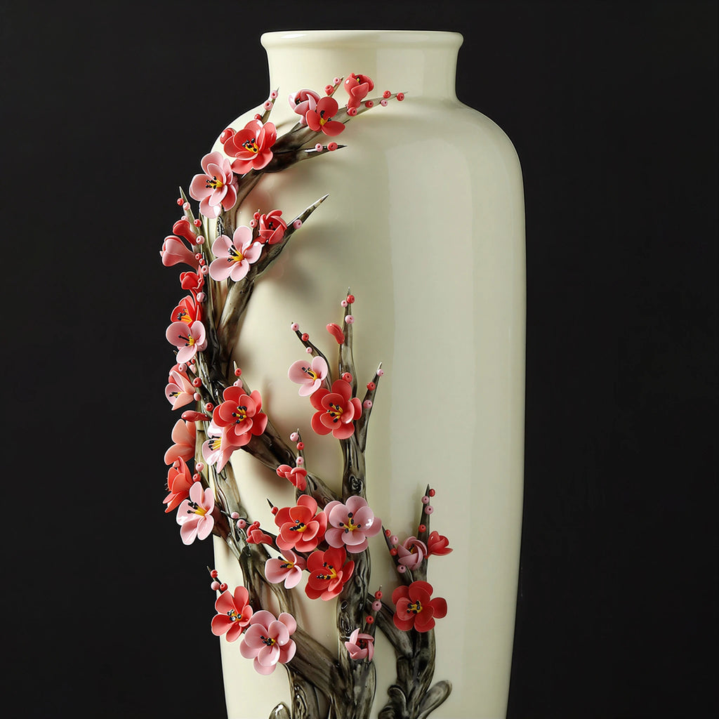 Close angled view of the full plum tree relief across the porcelain vase