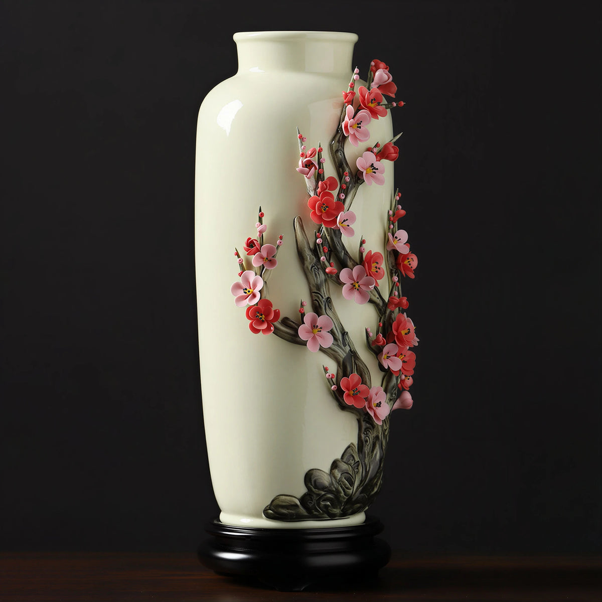 Angled view of the full-branch plum blossom vase and black stand