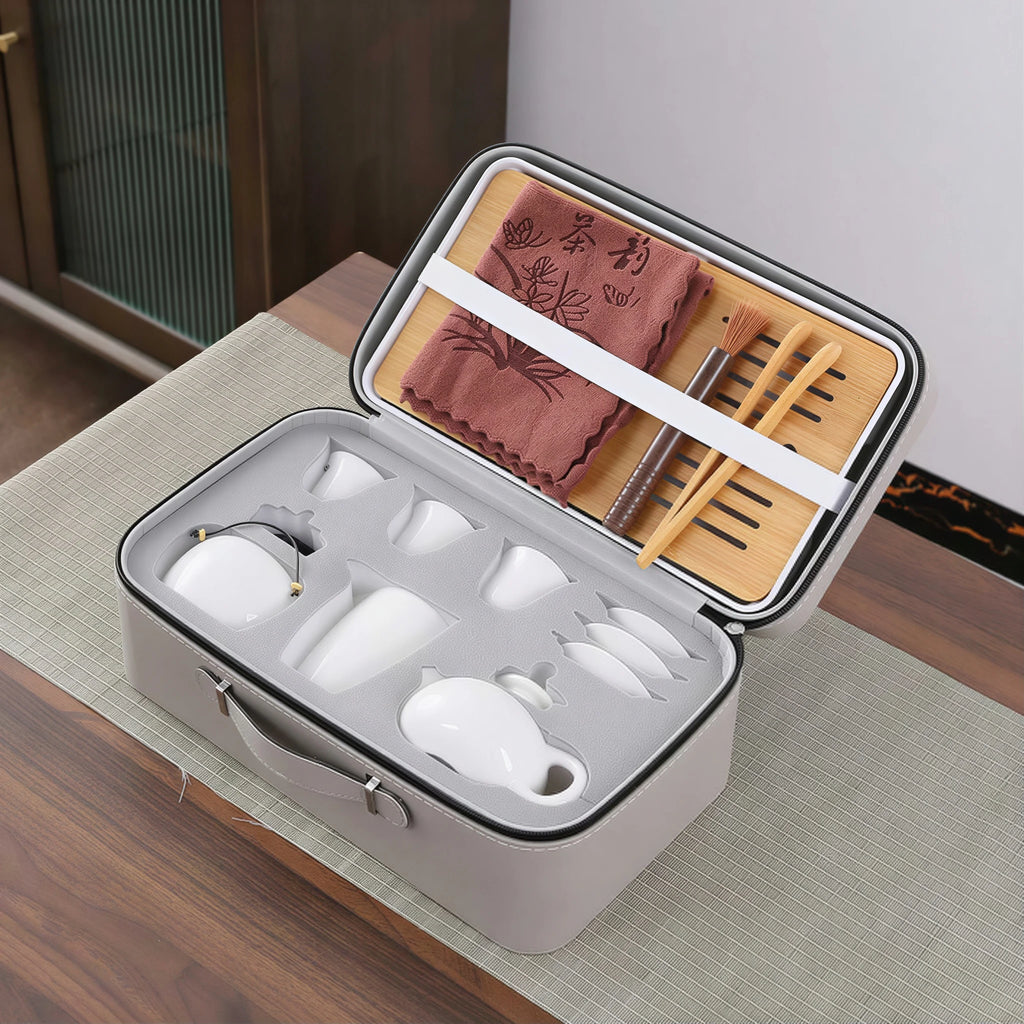 White porcelain gaiwan set packed in its fitted carrying case