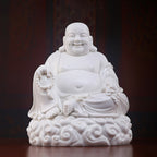 Front view of the glossy white Budai Maitreya with white prayer beads