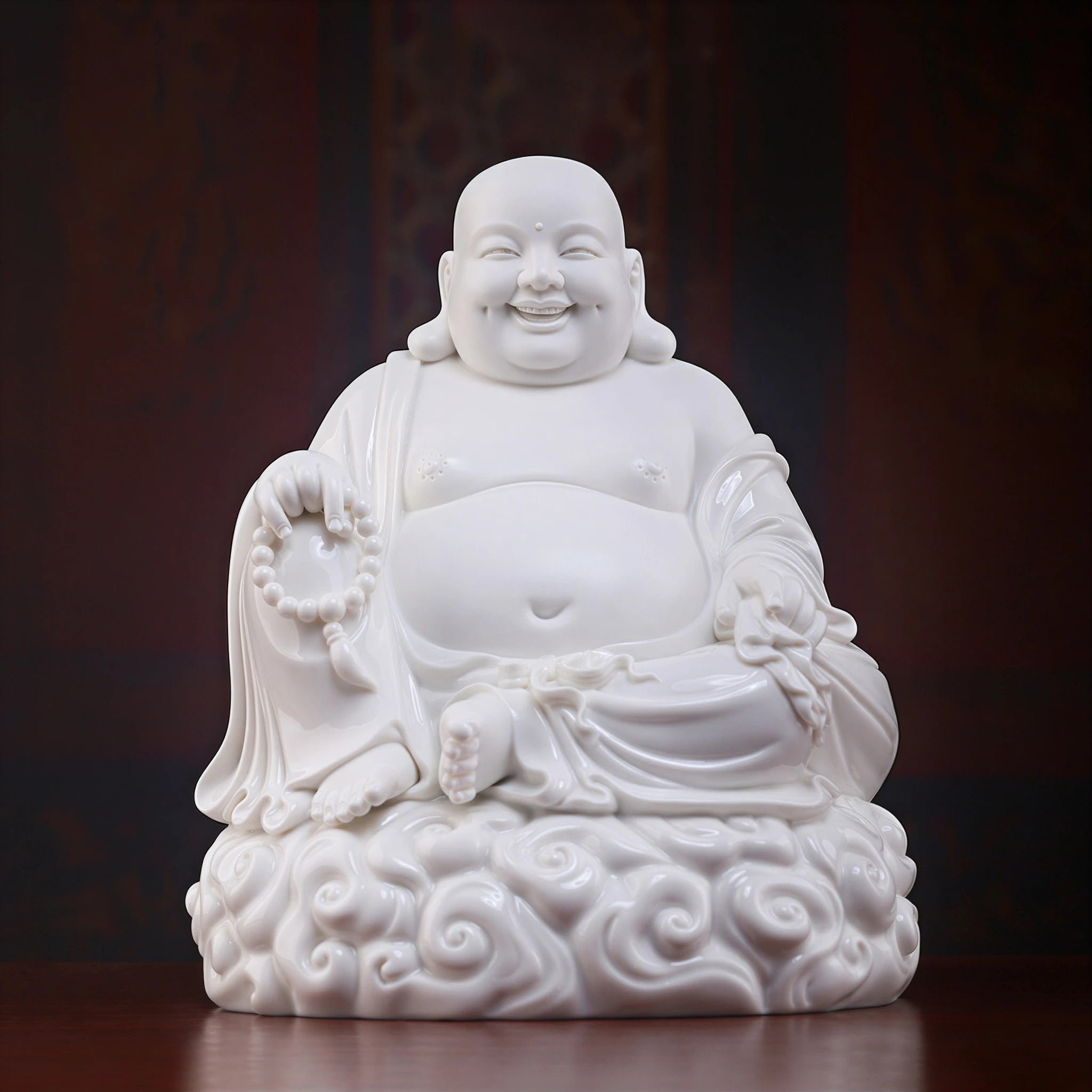 Front view of the glossy white Budai Maitreya with white prayer beads