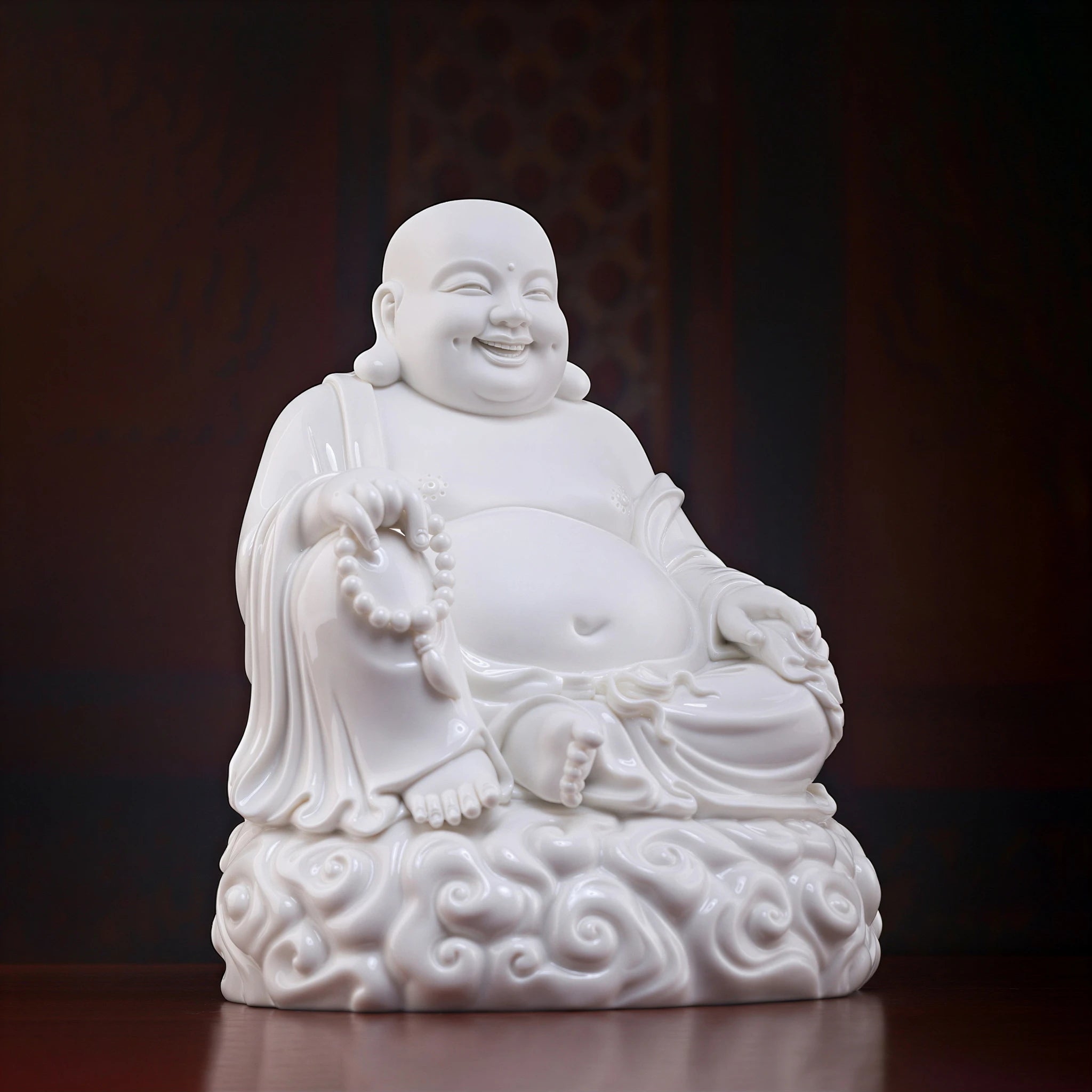Three-quarter view of the glossy white Maitreya and curling cloud base