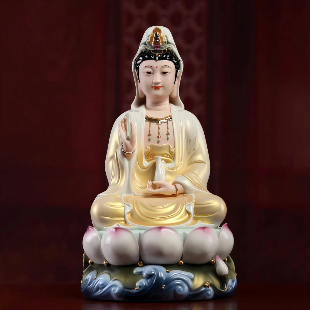 Large Dehua Guanyin sculpture with a gold-toned front