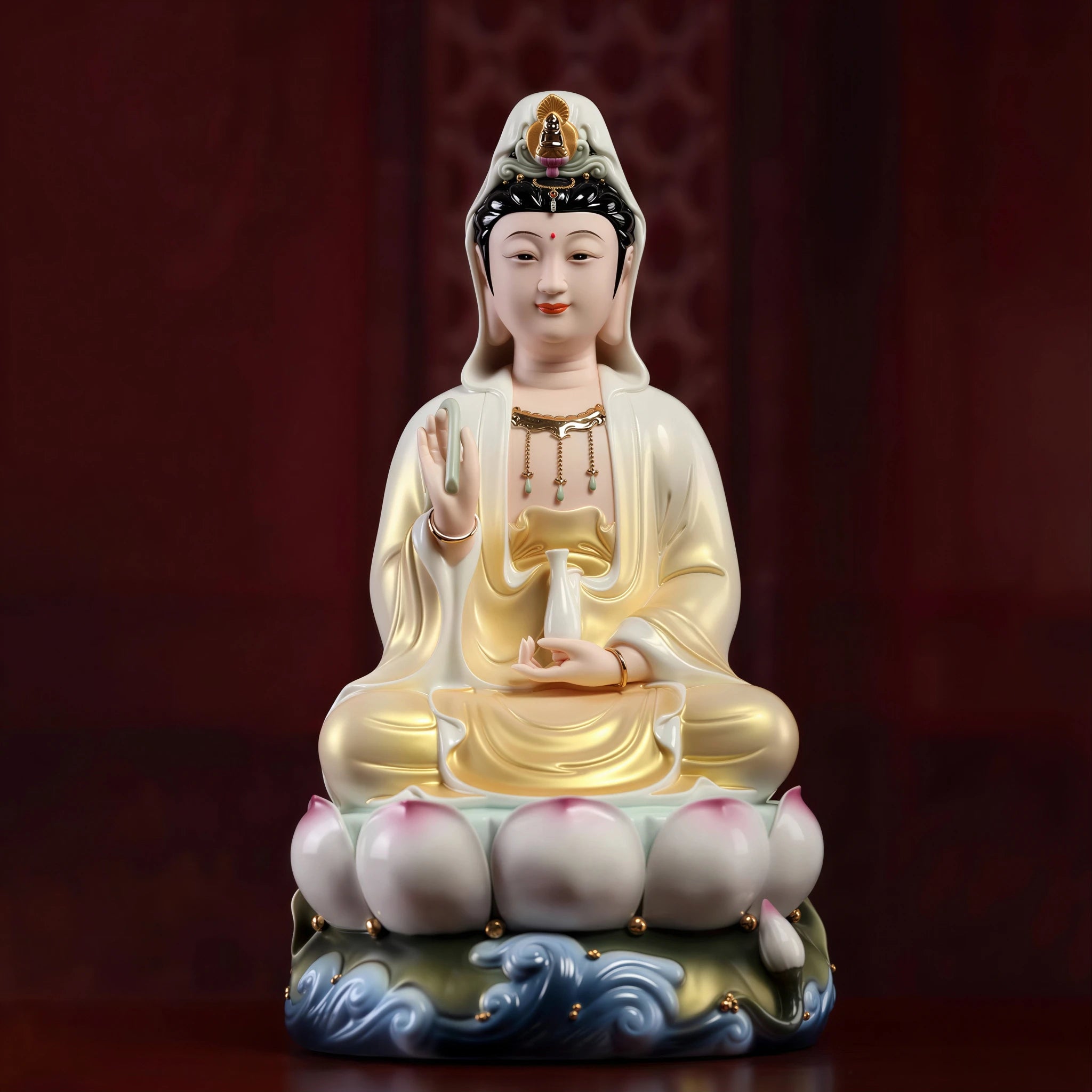 Large Dehua Guanyin sculpture with a gold-toned front