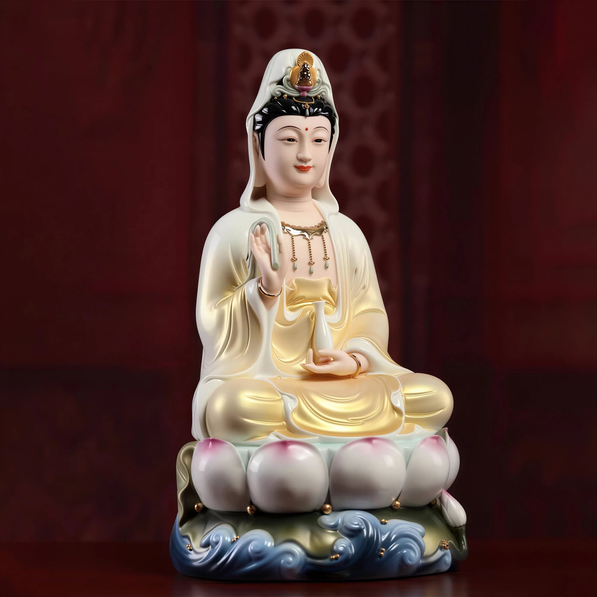 Angled view of the gold-toned robe and white porcelain reverse