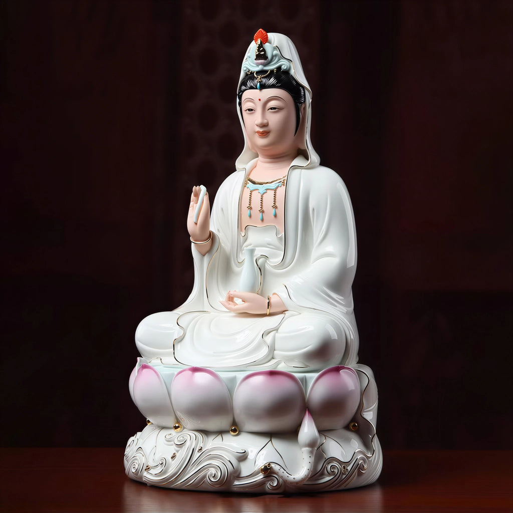 Angled view of the gold-toned contour lines on the Guanyin sculpture