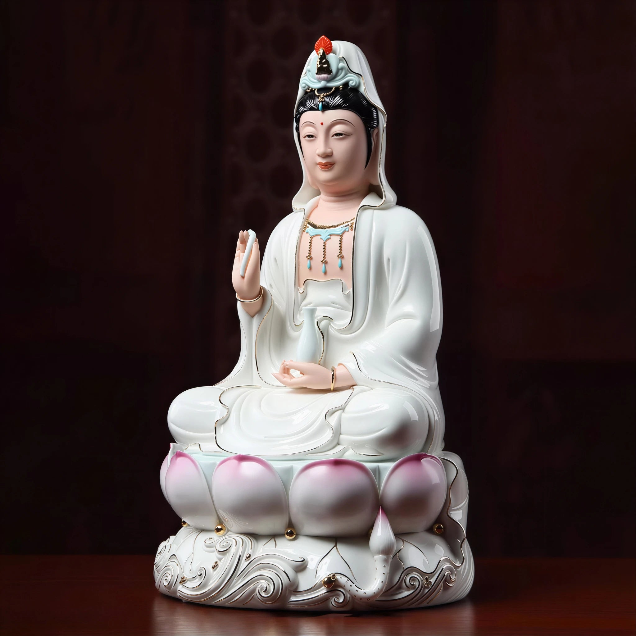 Angled view of the gold-toned contour lines on the Guanyin sculpture