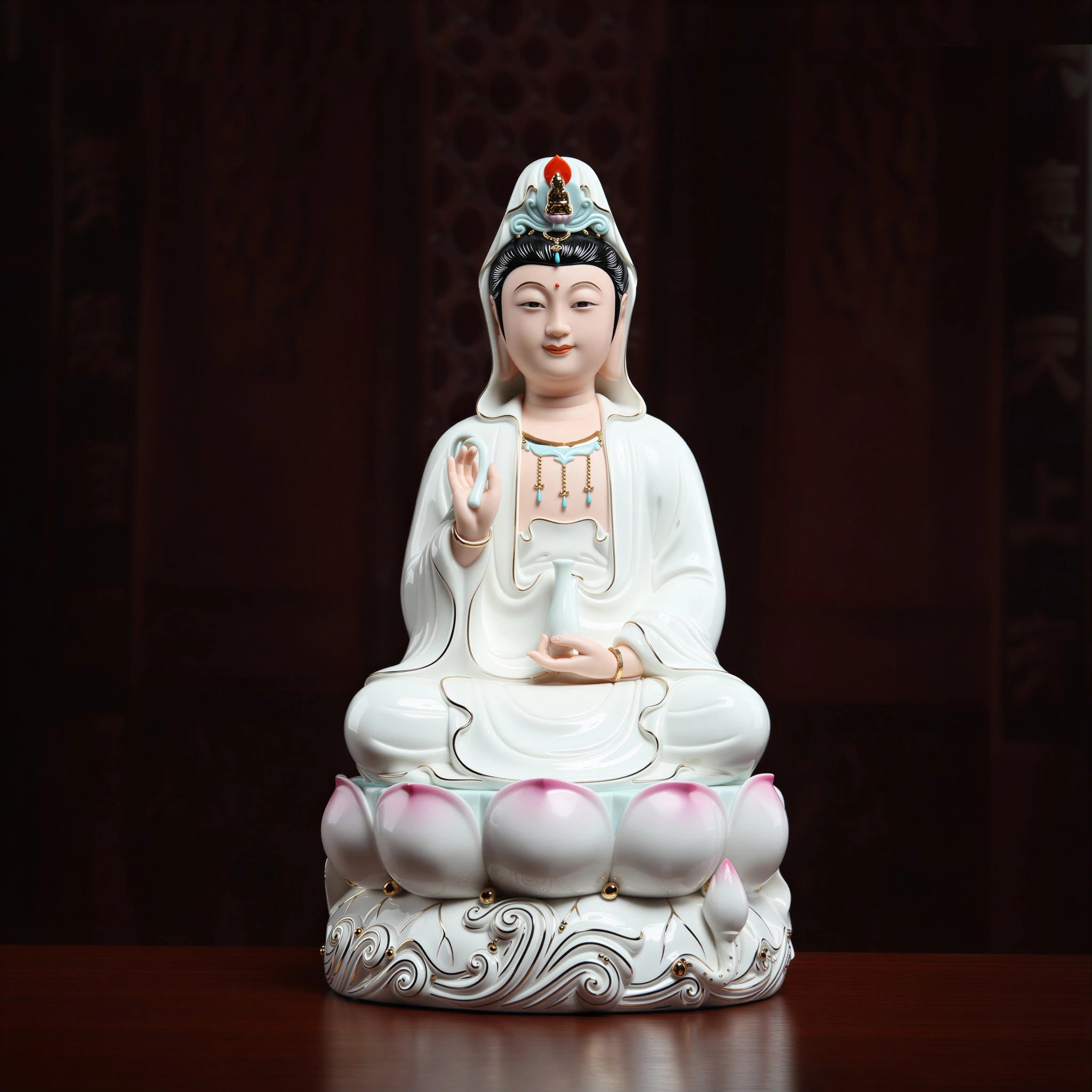 Front view of the gold-traced polychrome Dehua Guanyin