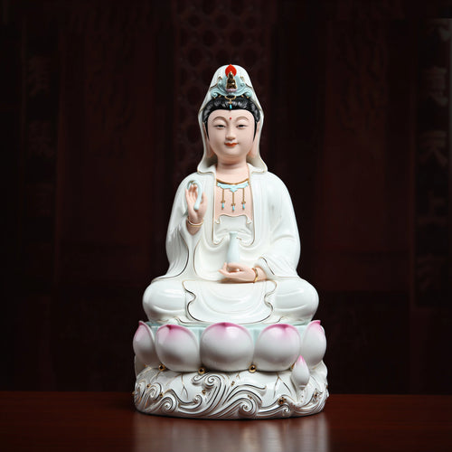 Front view of the gold-traced polychrome Dehua Guanyin