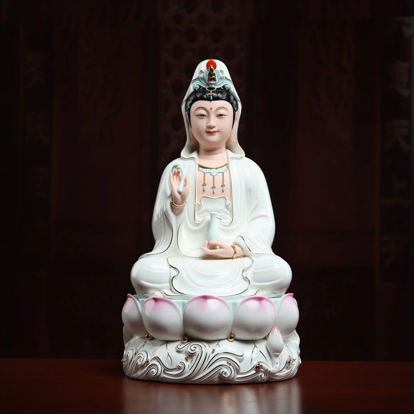Dehua Lotus-Seated Guanyin in Two Porcelain Finishes