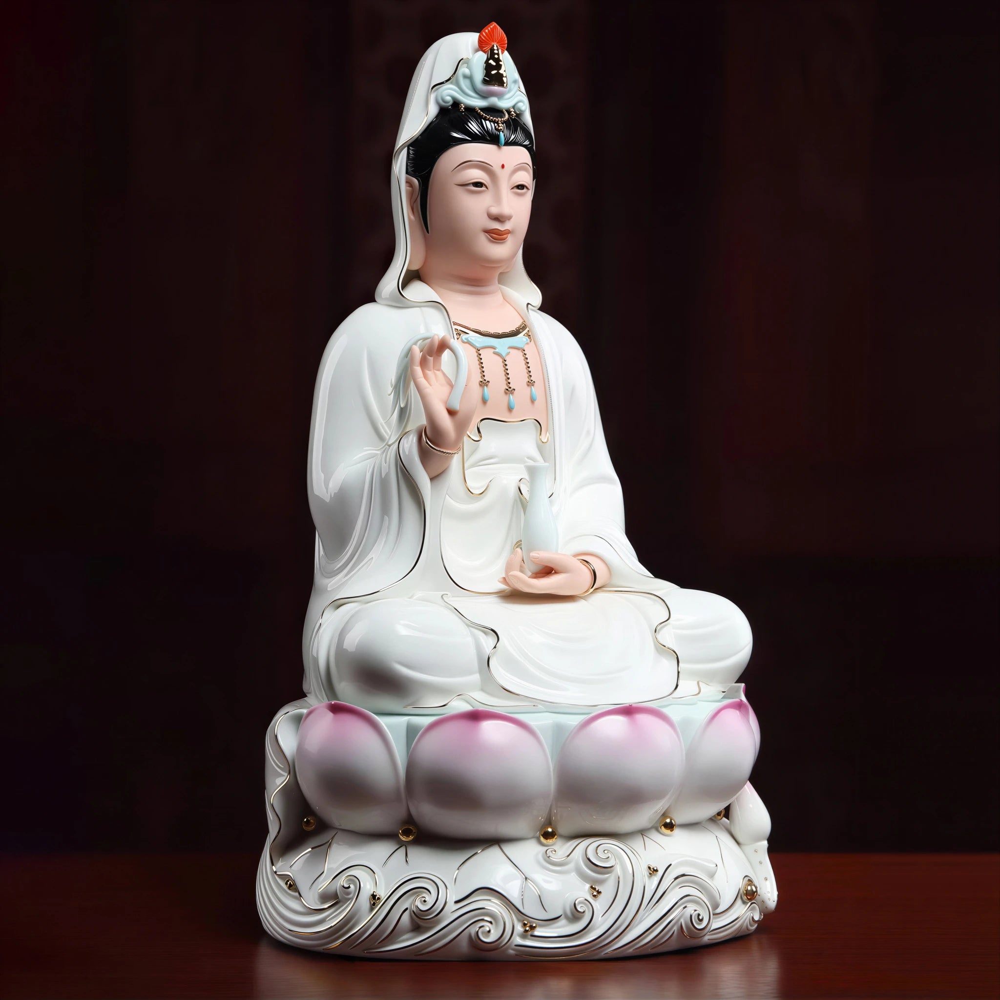 Three-quarter view of the gold-traced Guanyin and lotus base