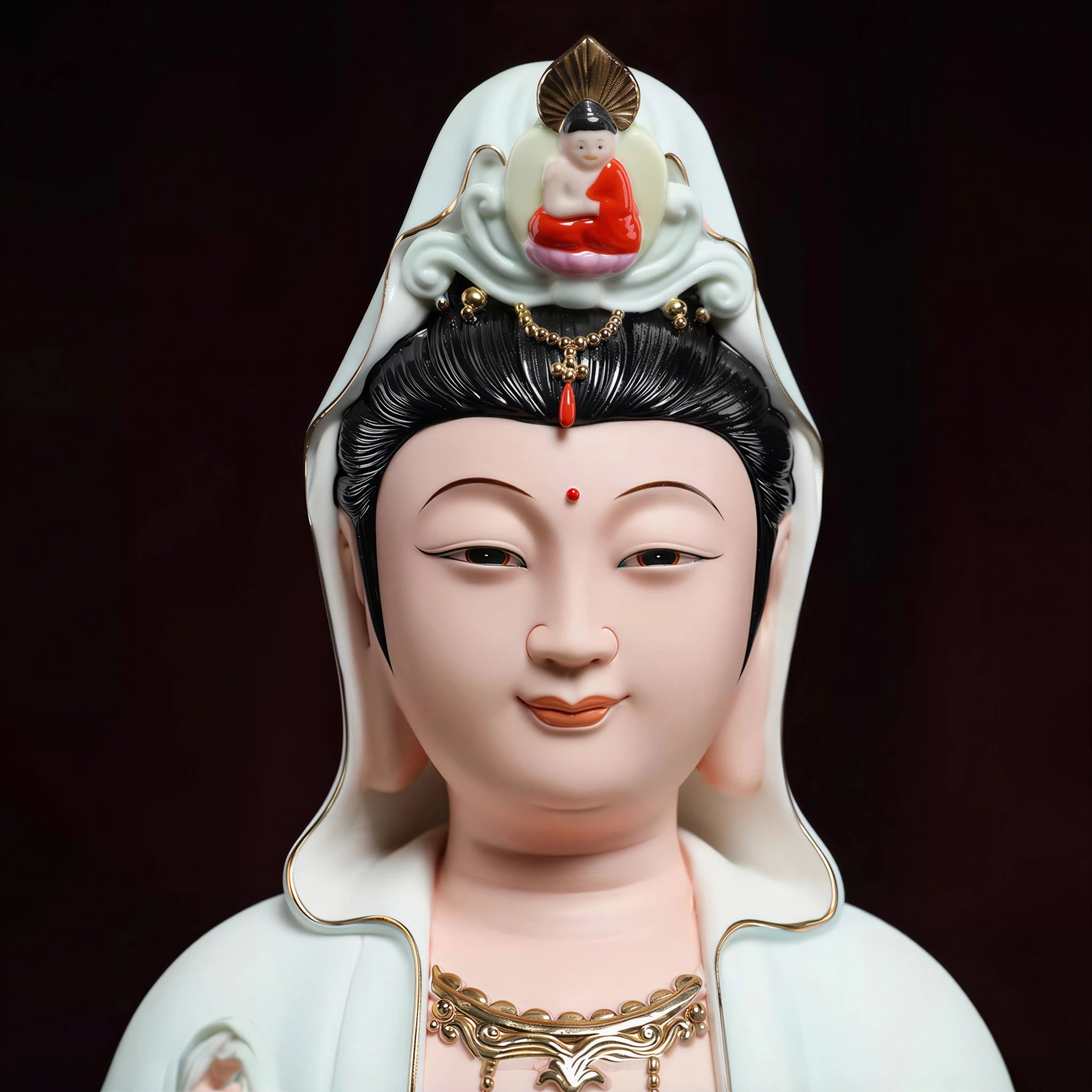 Close view of the Guanyin face and pale blue robe