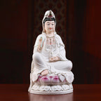 Seated Guanyin with willow branch, vase and pink lotus pedestal