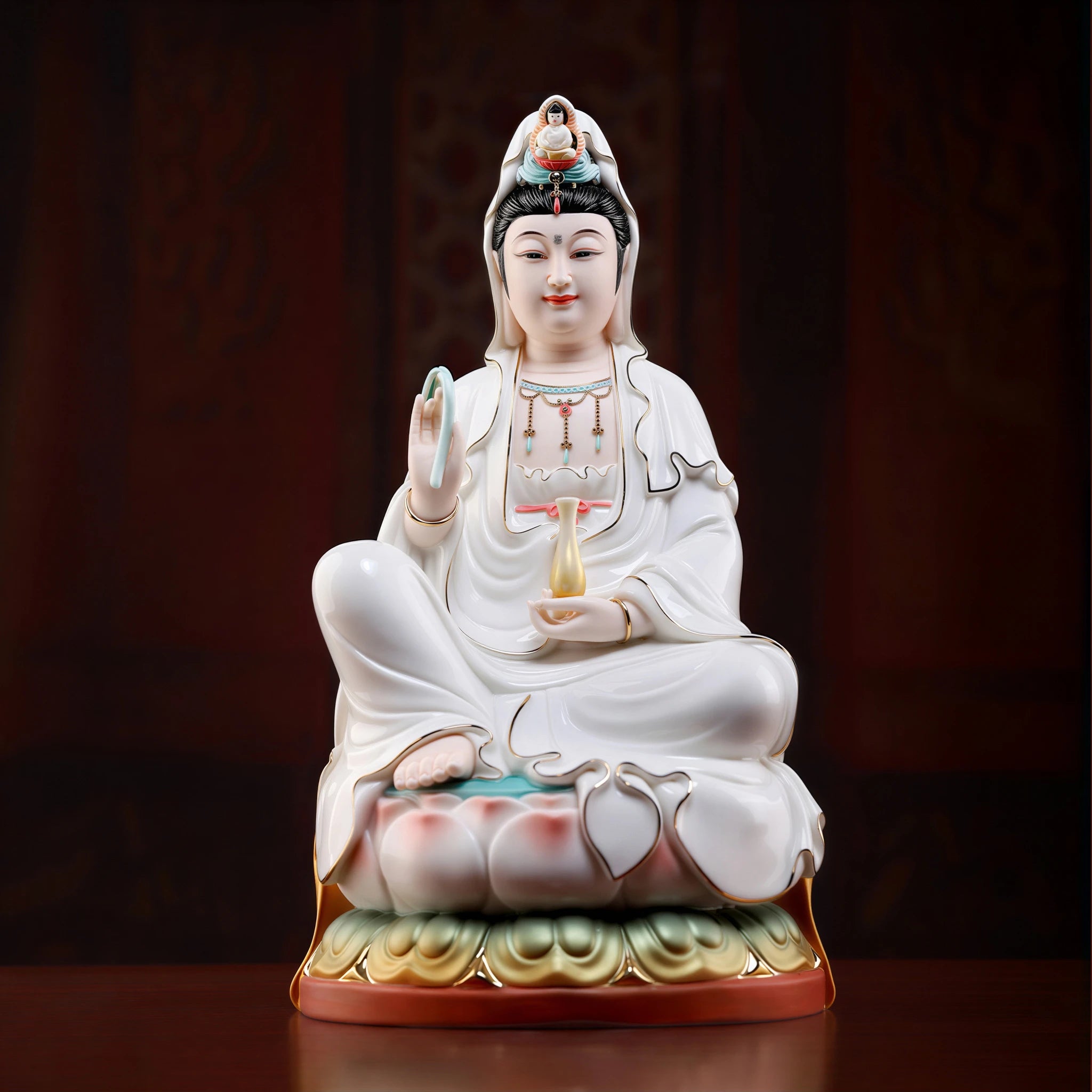Polychrome white-robe Guanyin seated above a lotus base