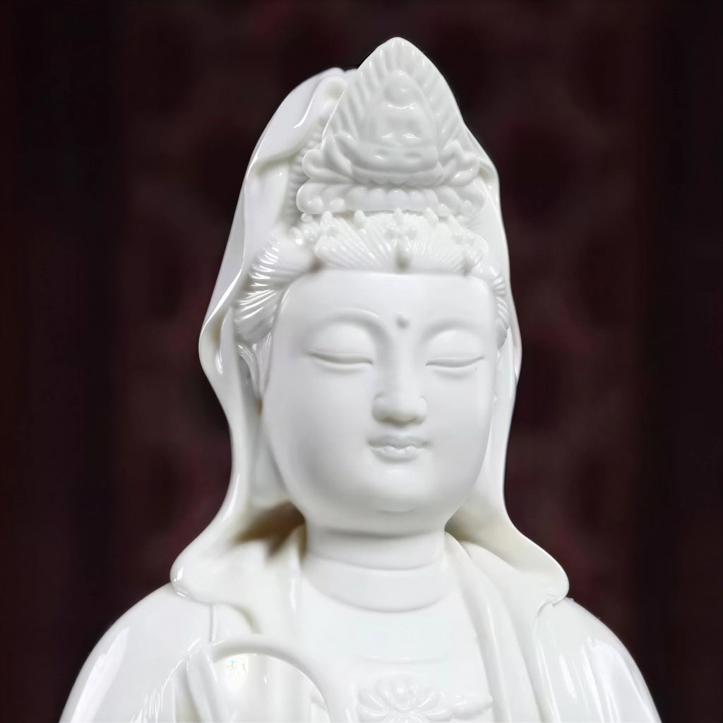 Close view of the Guanyin face and white porcelain headdress