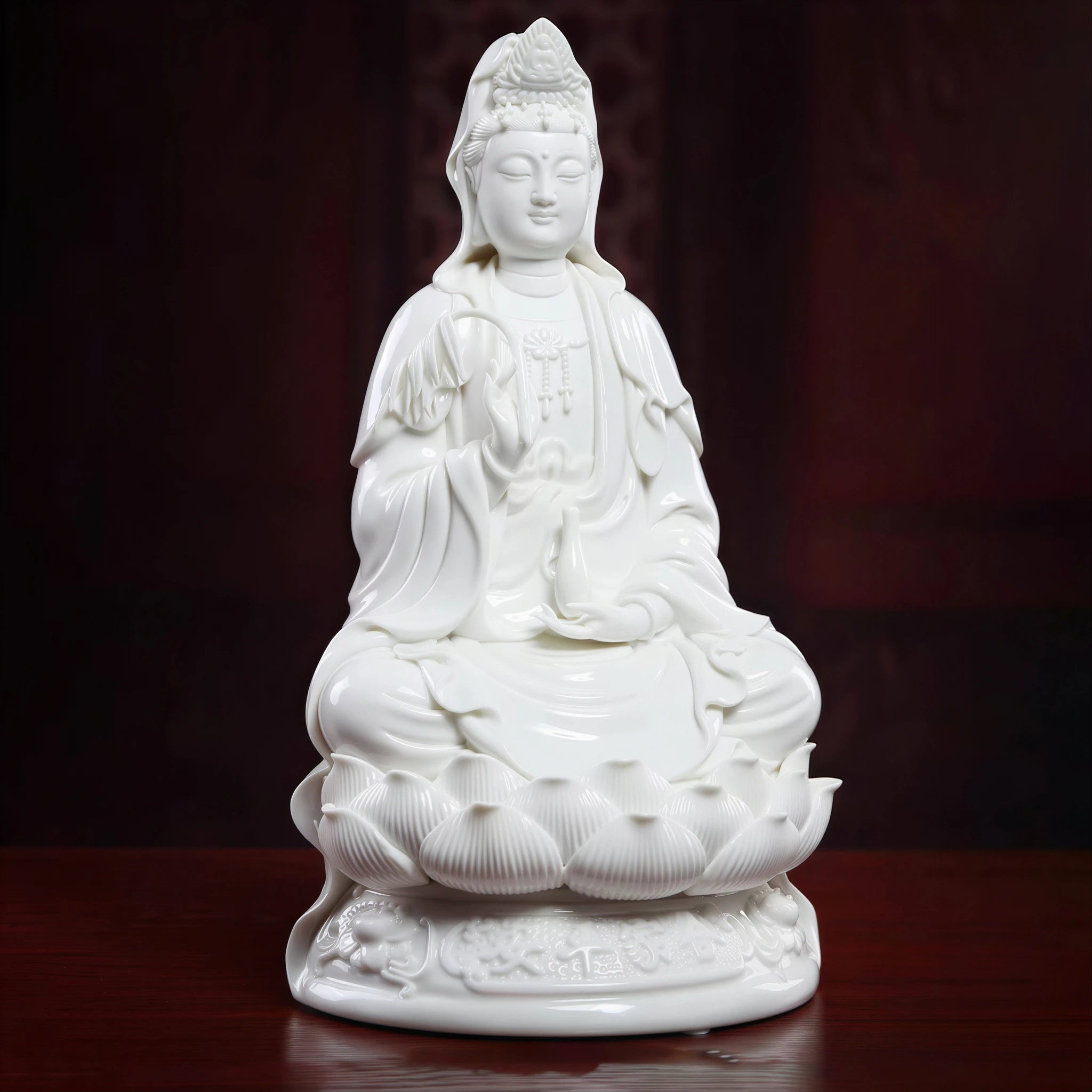 Seated white porcelain Guanyin on a layered lotus pedestal