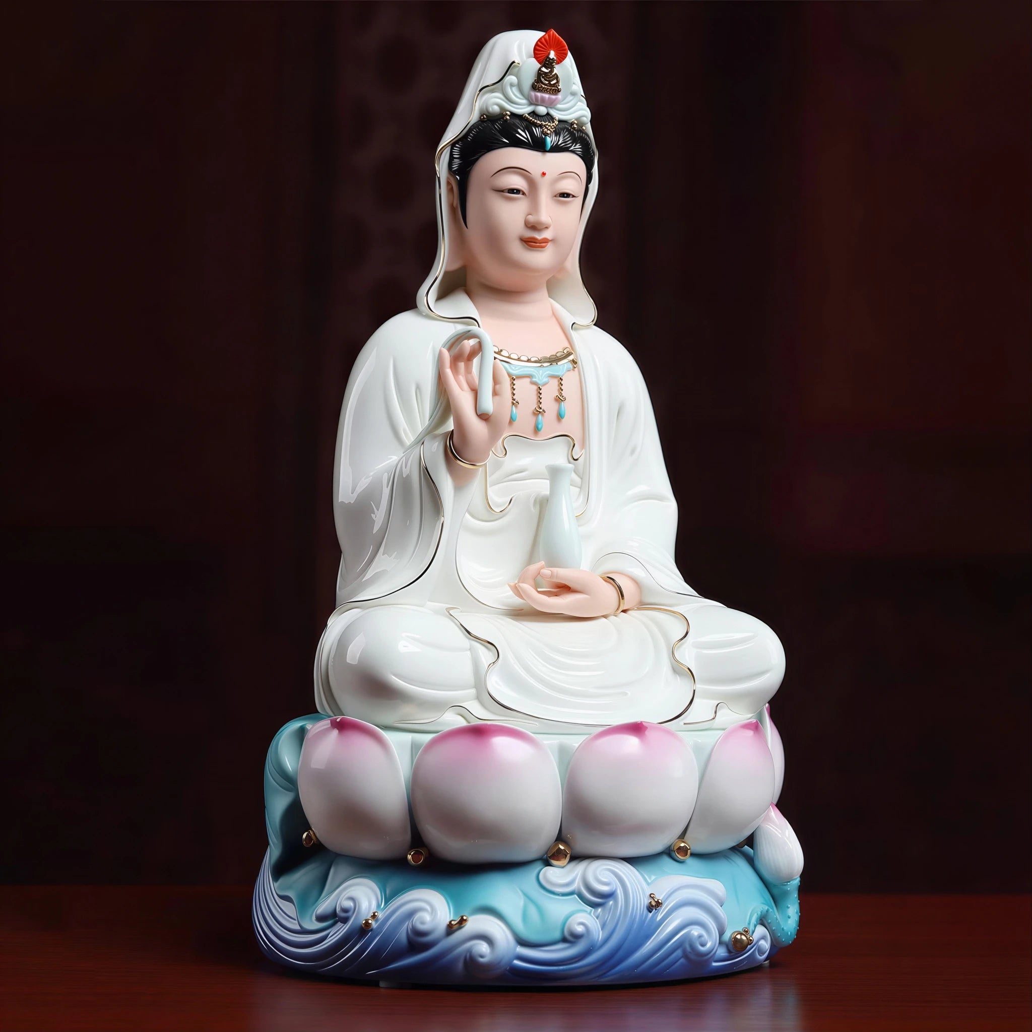 White-robed Guanyin sculpture shown in soft ambient light