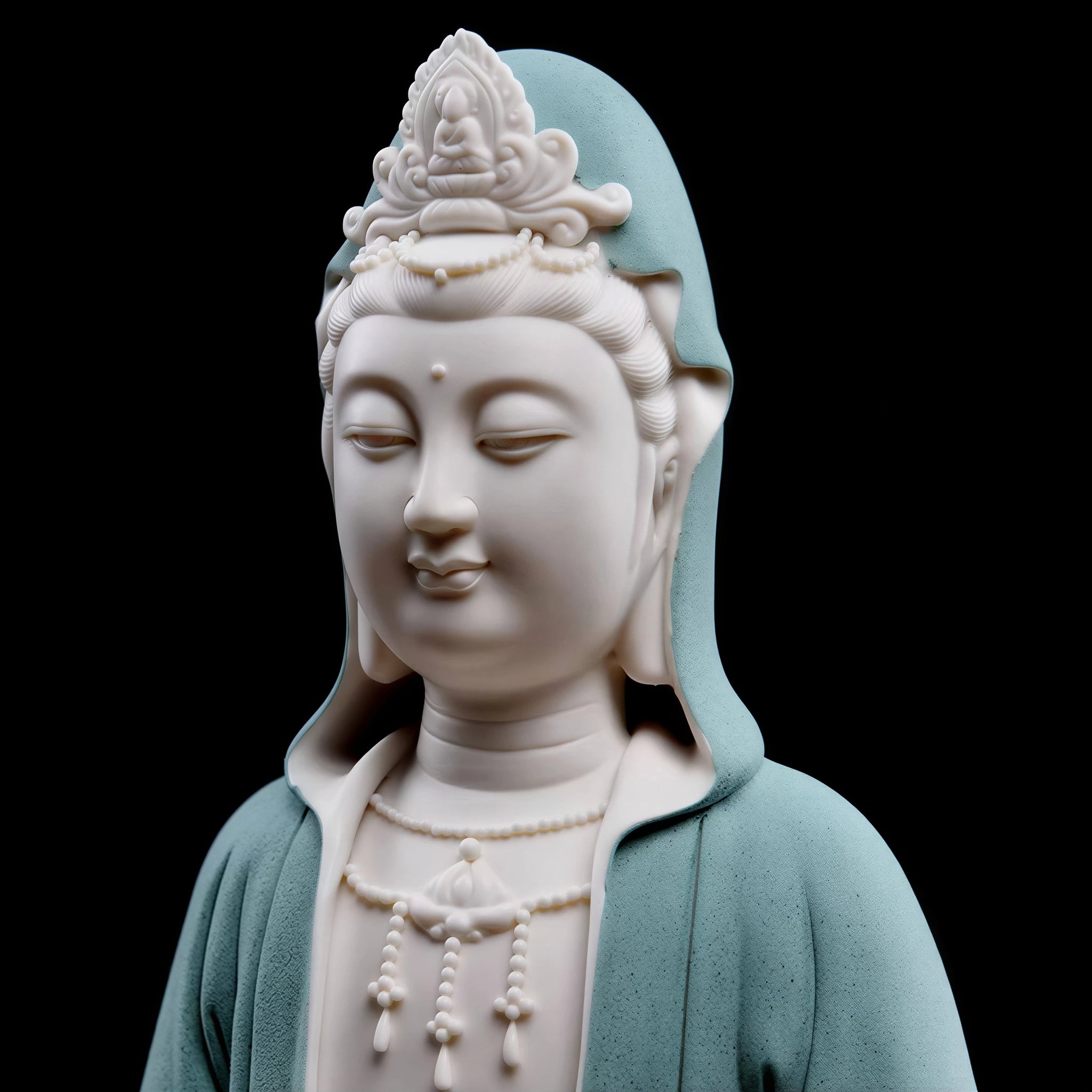Close view of the hooded Guanyin face and quiet downward gaze