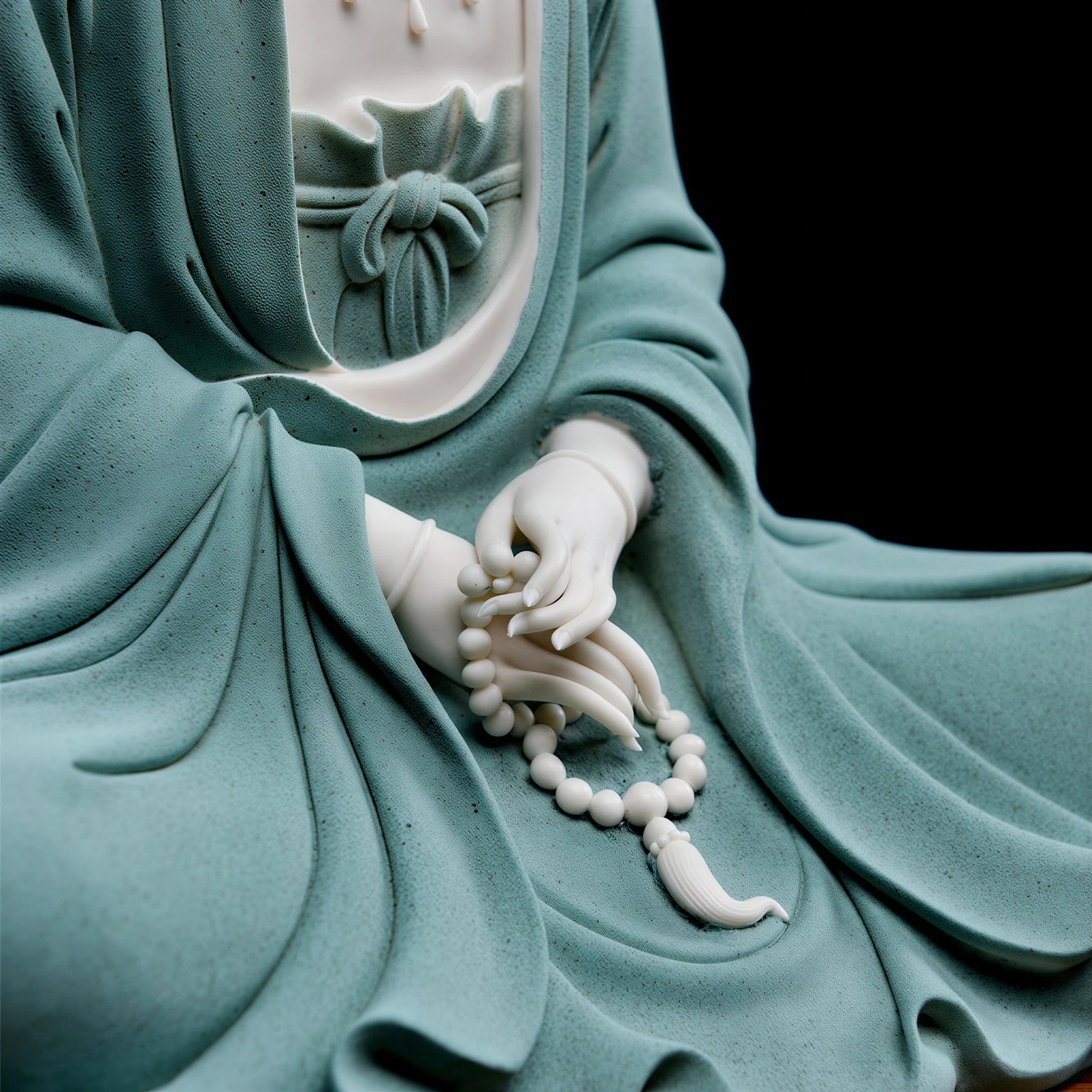Close view of the hands and prayer beads on the seated Guanyin sculpture