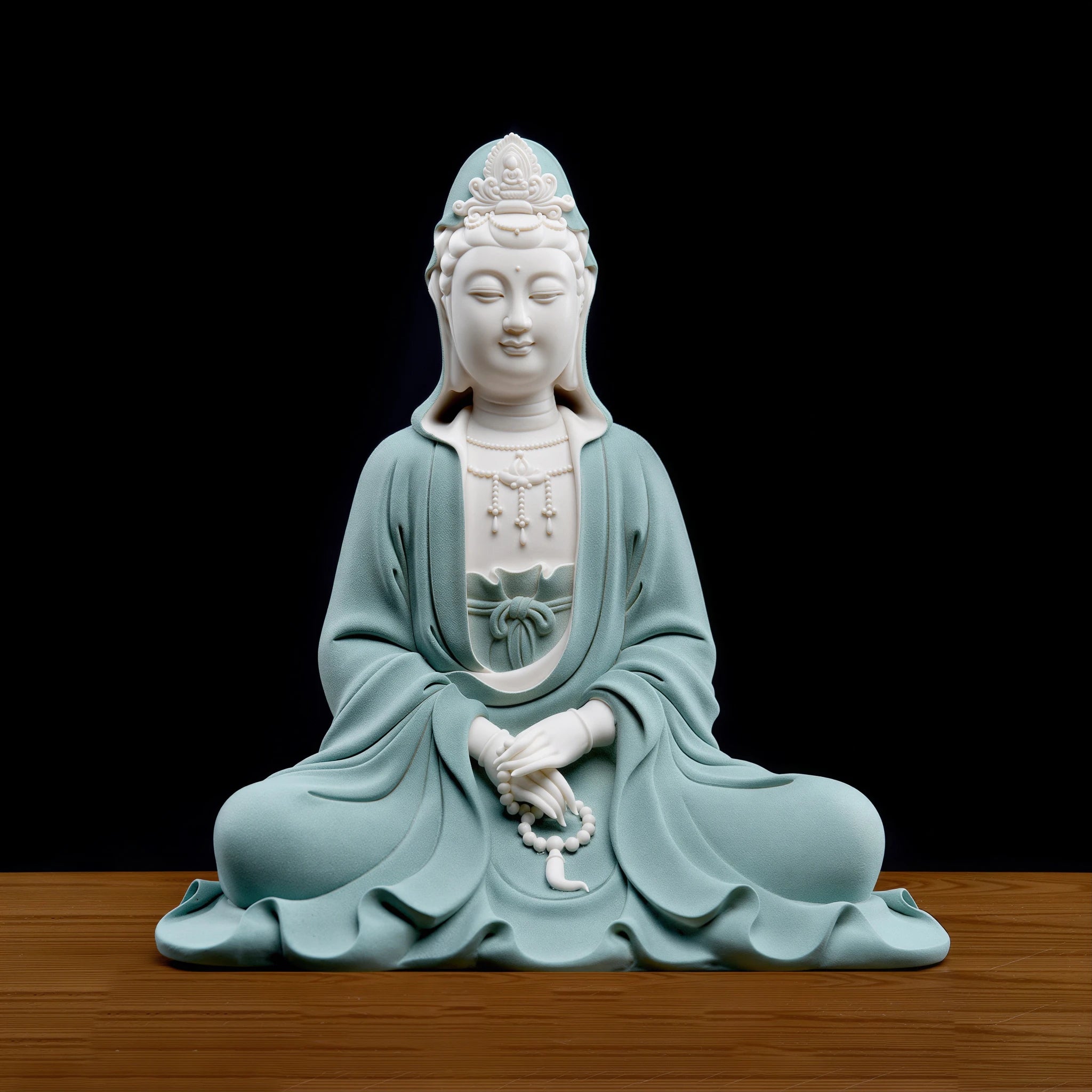 Front view of textured teal hooded Guanyin holding prayer beads