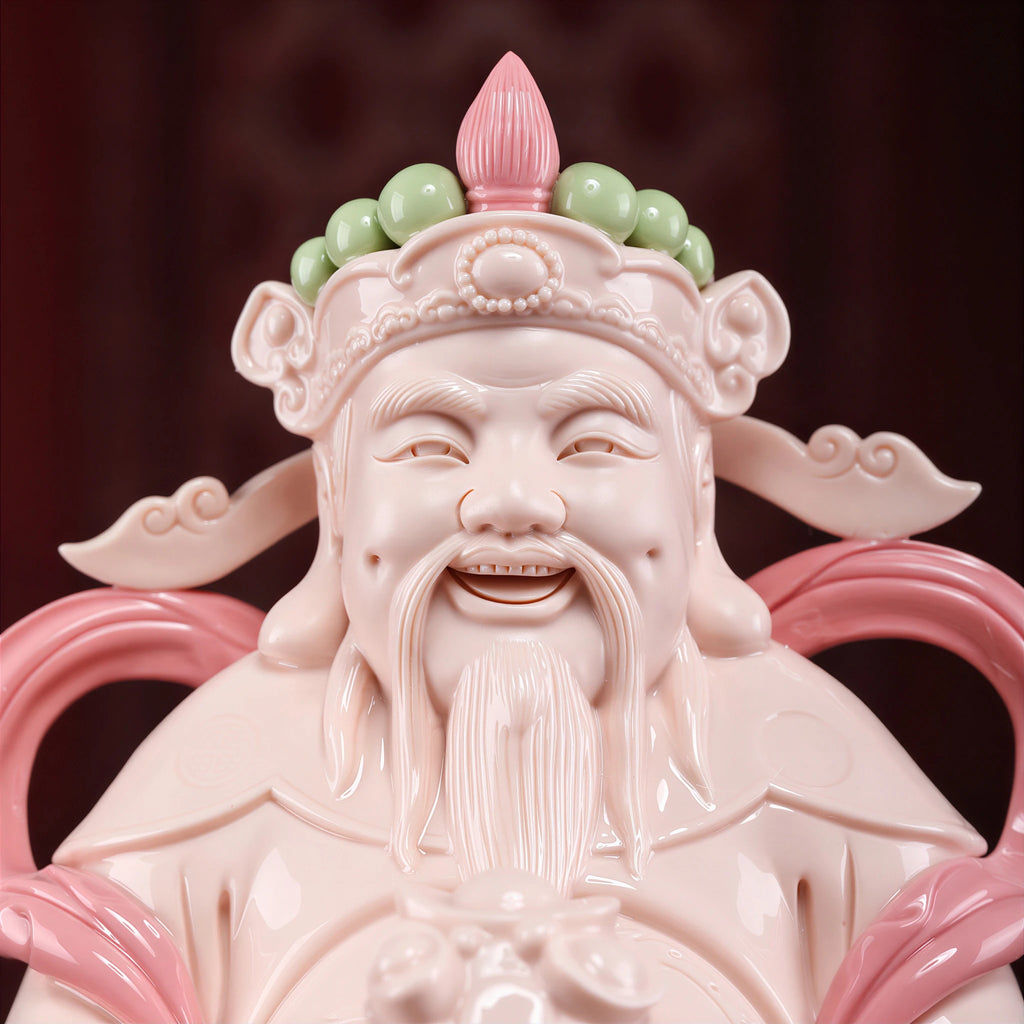 Close view of the Civil Caishen face, crown and jade-red glaze