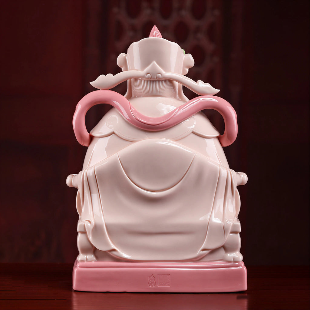 Rear view of the jade-red Dehua Caishen and flowing robe