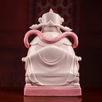 Rear view of the jade-red Dehua Caishen and flowing robe