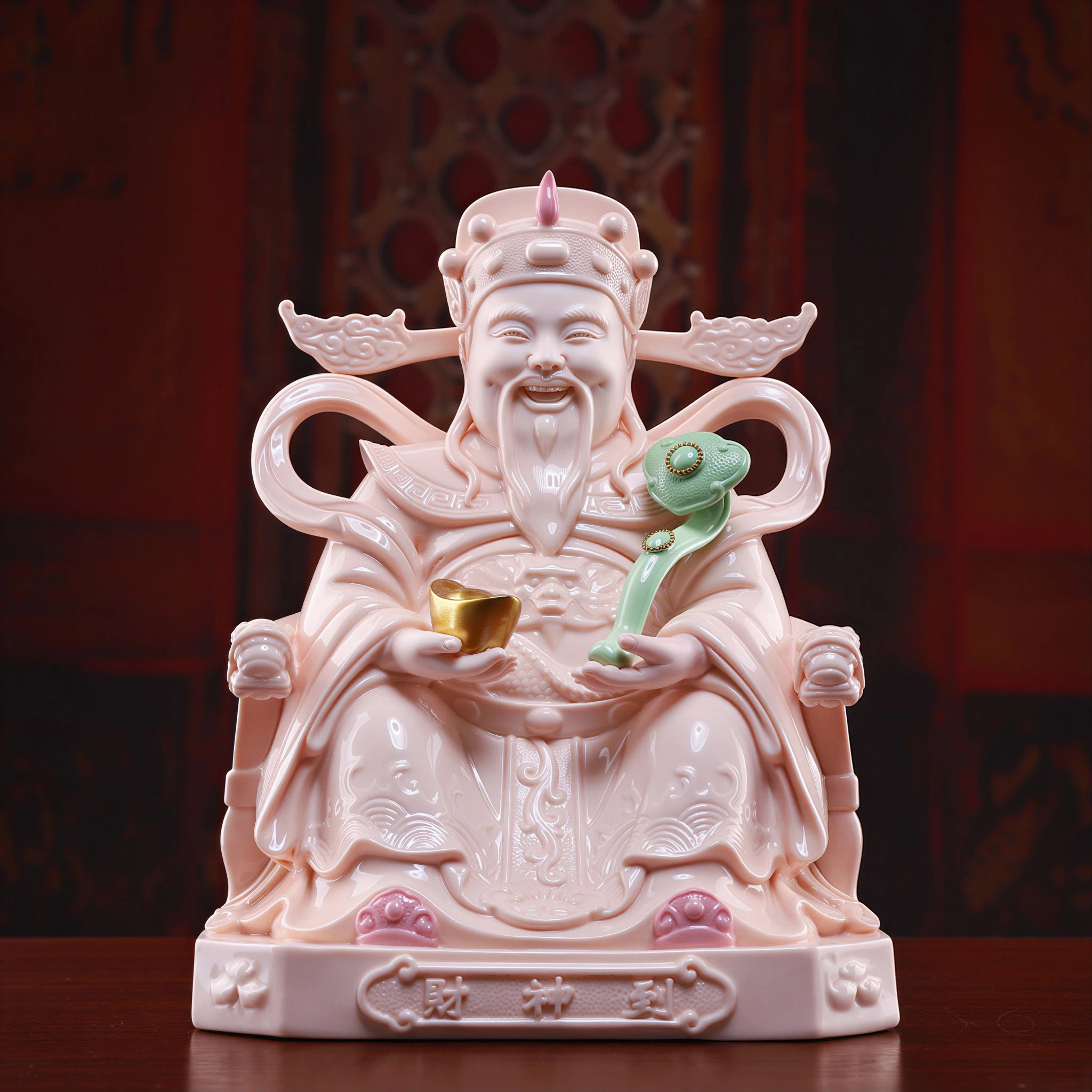 Front view of the jade-red Caishen with flowing ribbons and ruyi scepter