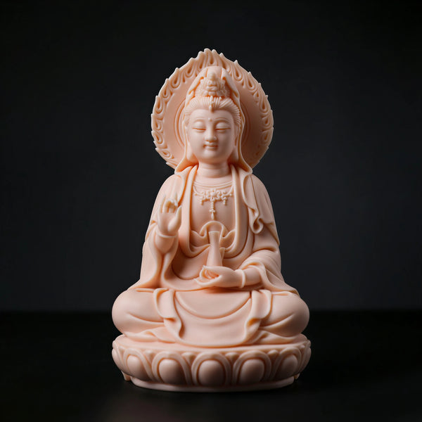 Dehua Jade-Red Guanyin Porcelain Sculpture with Flame Halo