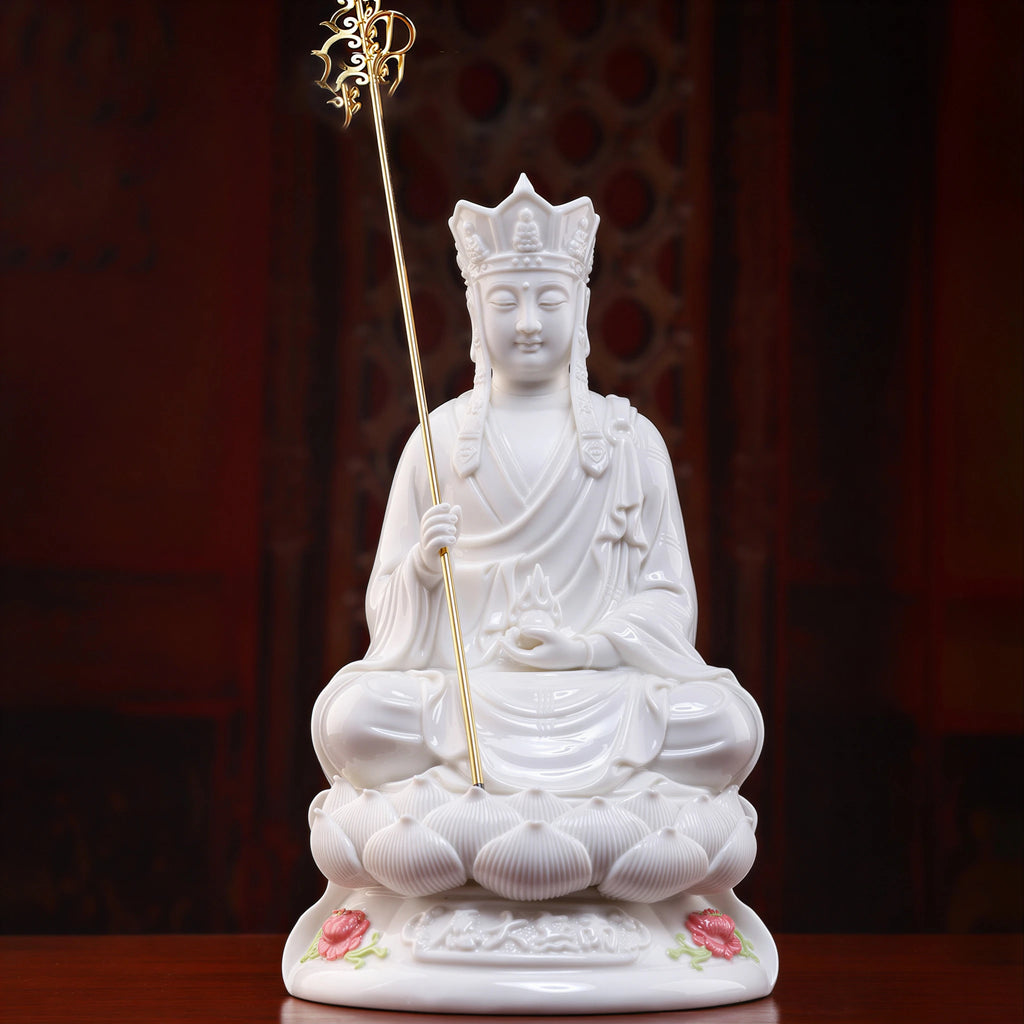 Front view of the jade-white Dehua Ksitigarbha sculpture