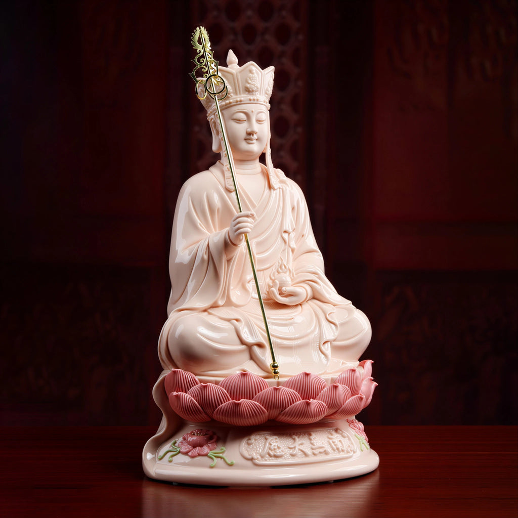 Angled view of the Ksitigarbha red-glazed lotus treatment