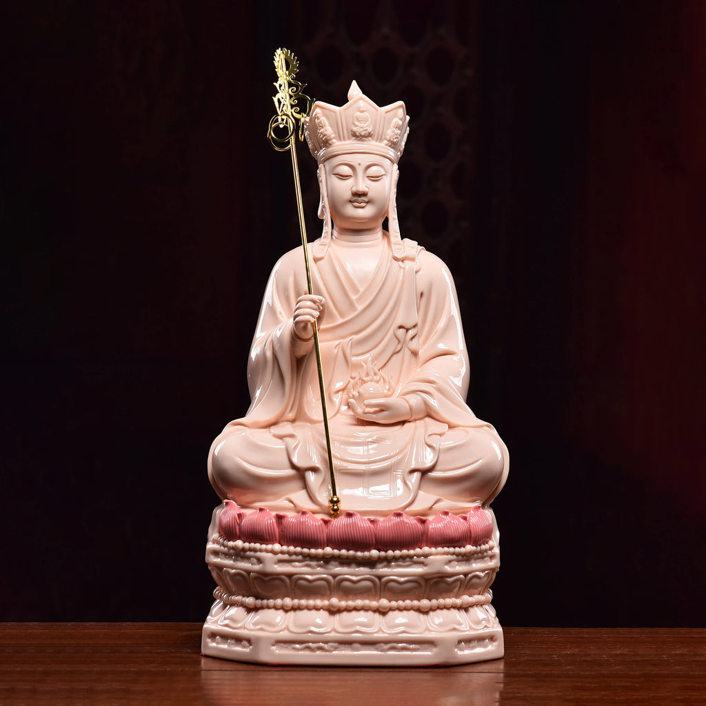 Front view of Ksitigarbha with a red-glazed tiered lotus base