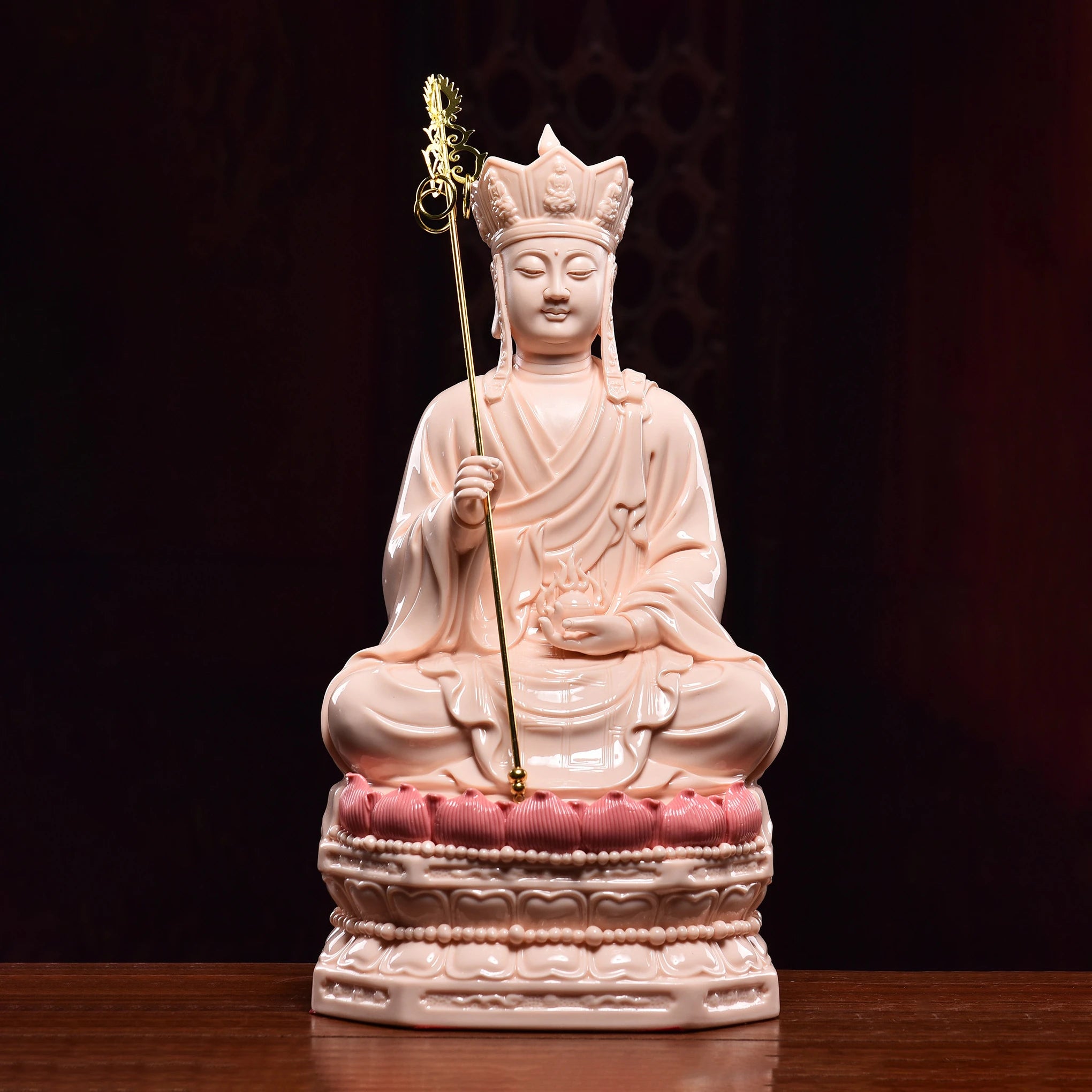 Front view of Ksitigarbha with a red-glazed tiered lotus base