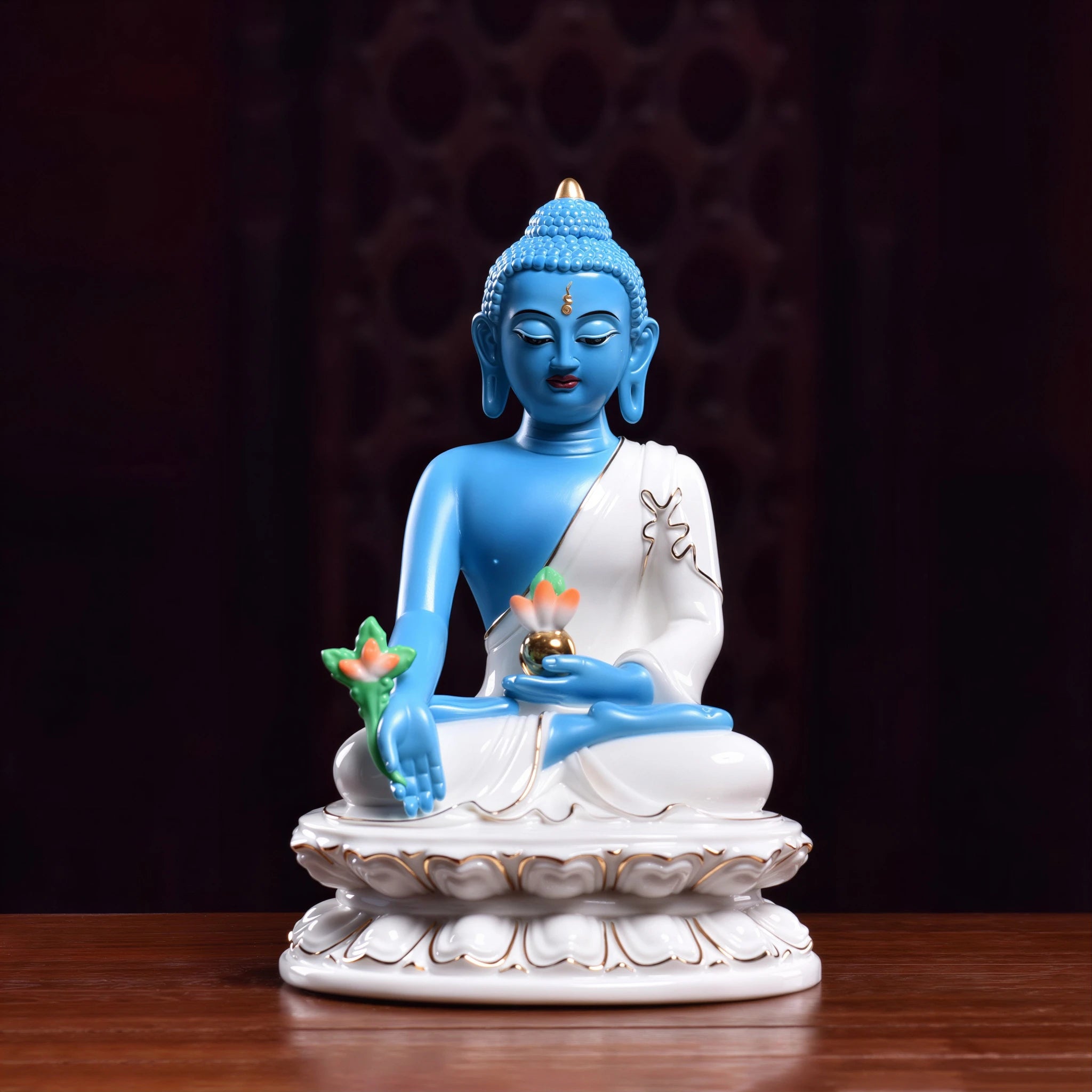 Front view of lapis-blue Dehua porcelain Medicine Buddha with white robes