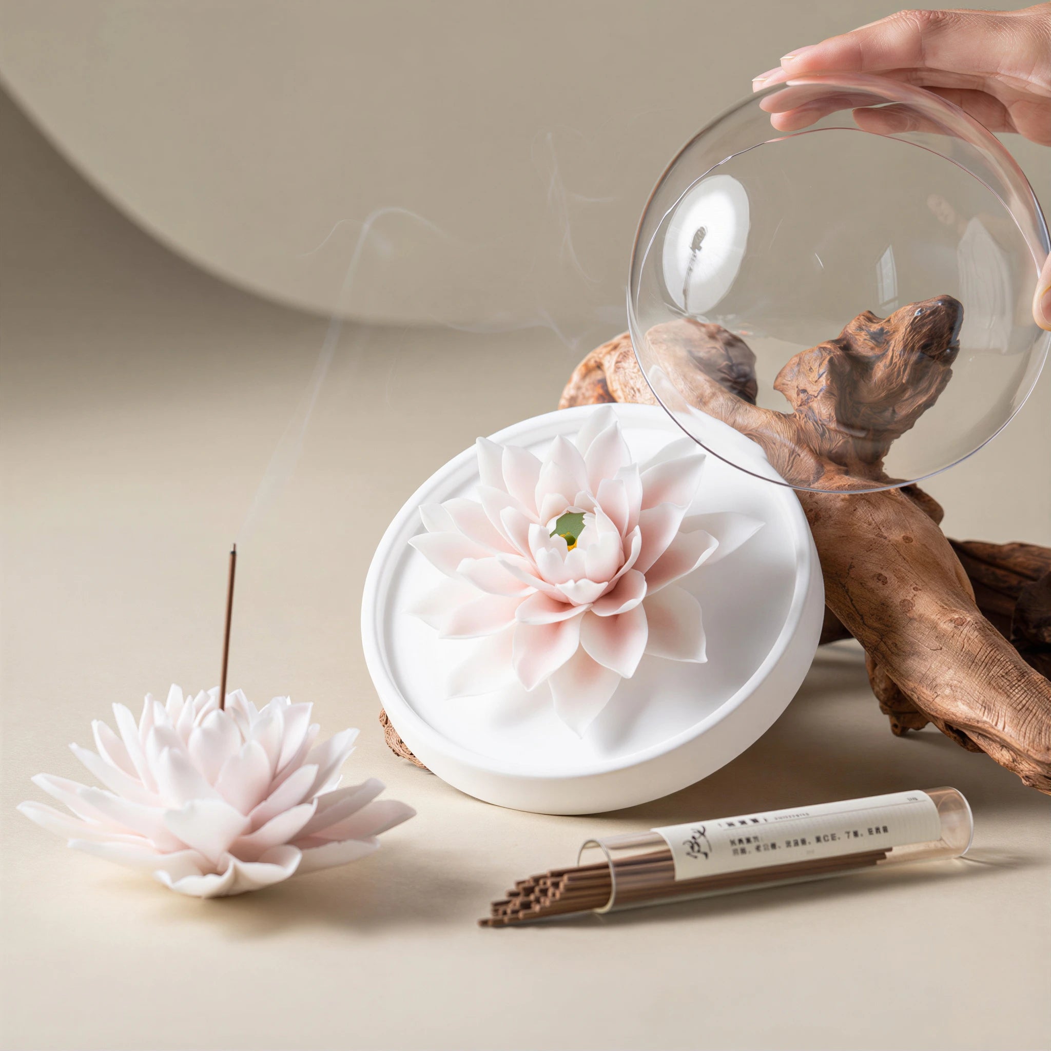 Complete Dehua lotus incense and diffuser set