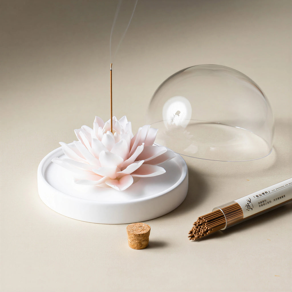 White porcelain lotus holding incense beside its clear dome