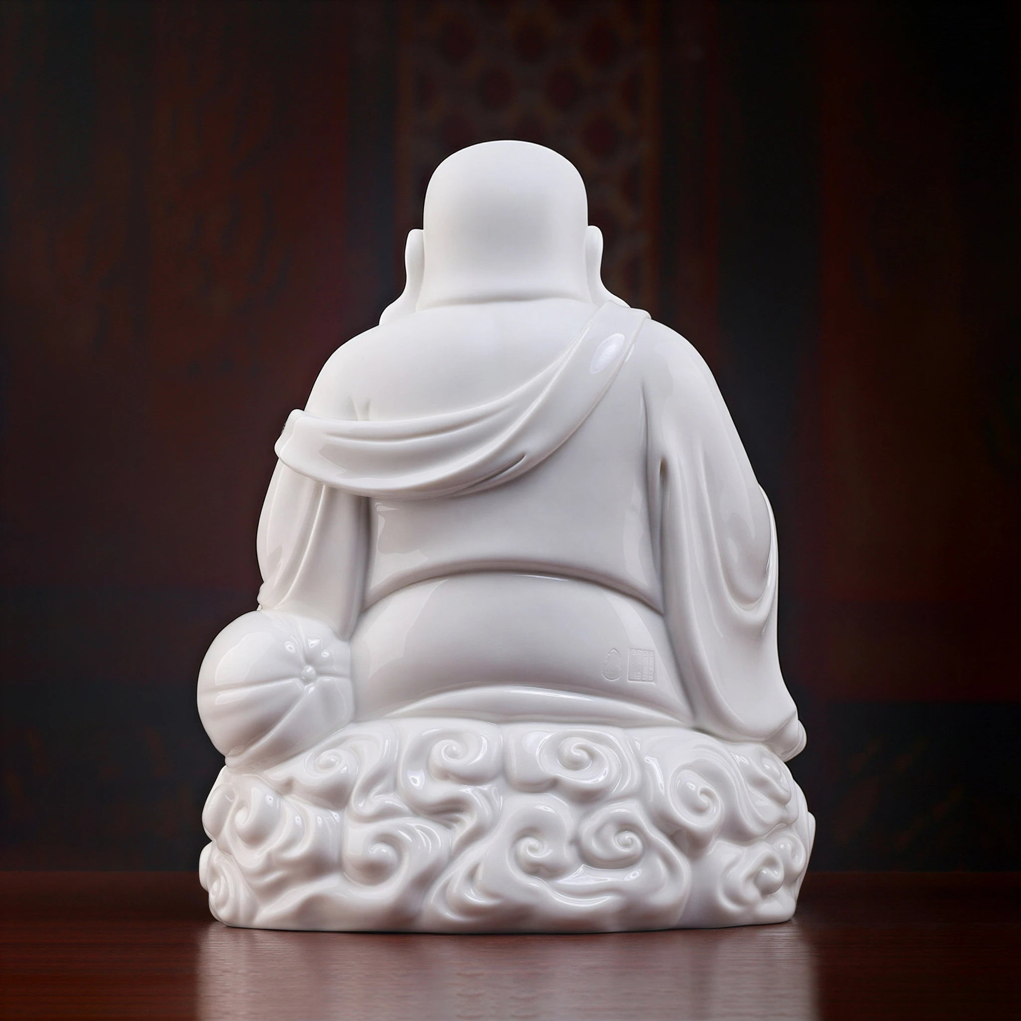 Back view of the glossy white Maitreya with layered porcelain robes