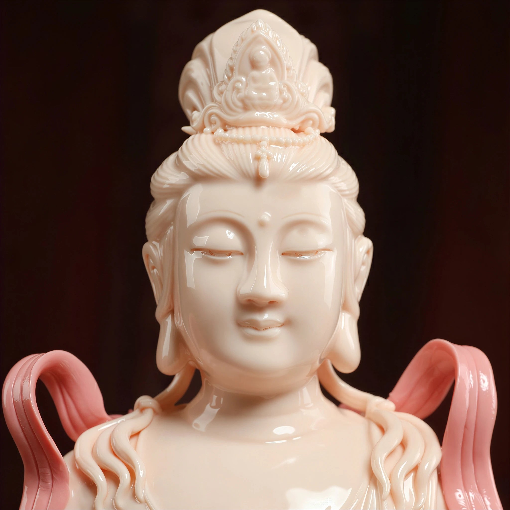 Close view of the Manjushri face, crown and jewelry details