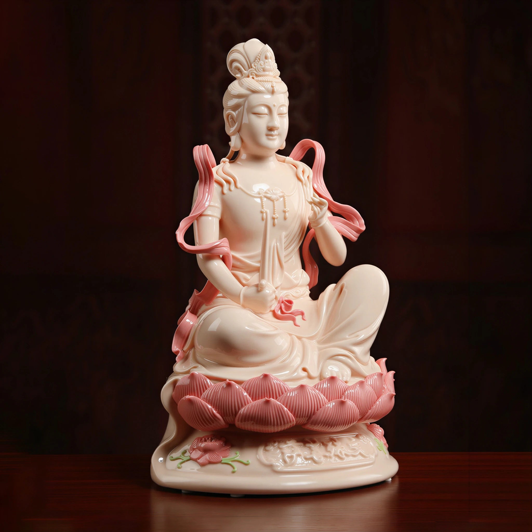 Profile view of Manjushri with flowing celestial ribbons and lotus base
