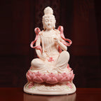 Front view of jade-red Dehua porcelain Manjushri with the sword of wisdom