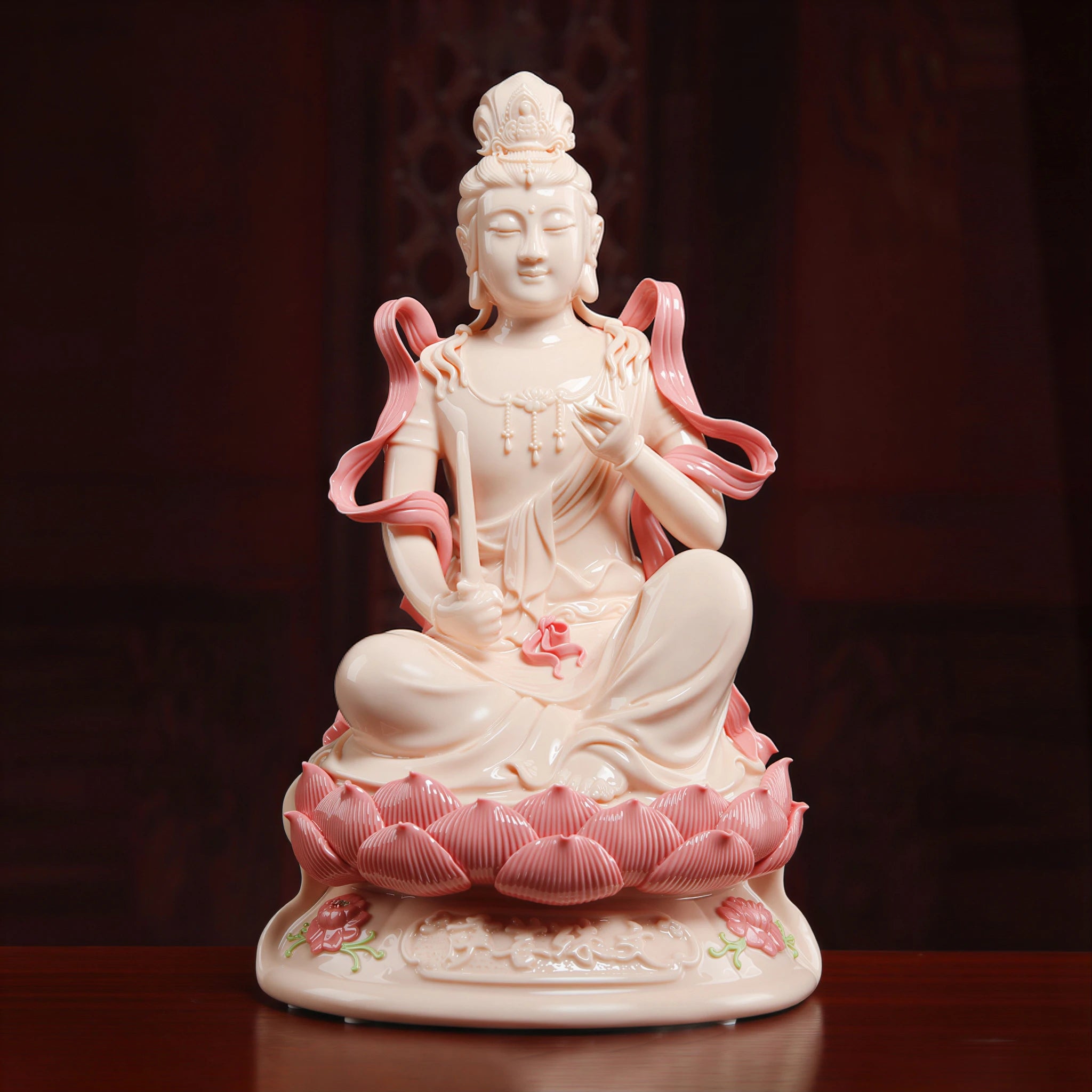 Front view of jade-red Dehua porcelain Manjushri with the sword of wisdom