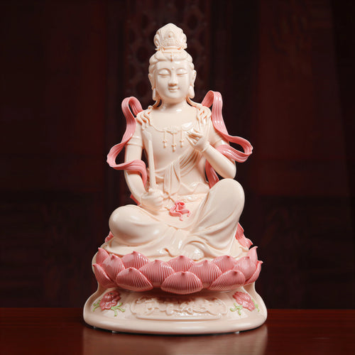 Front view of jade-red Dehua porcelain Manjushri with the sword of wisdom