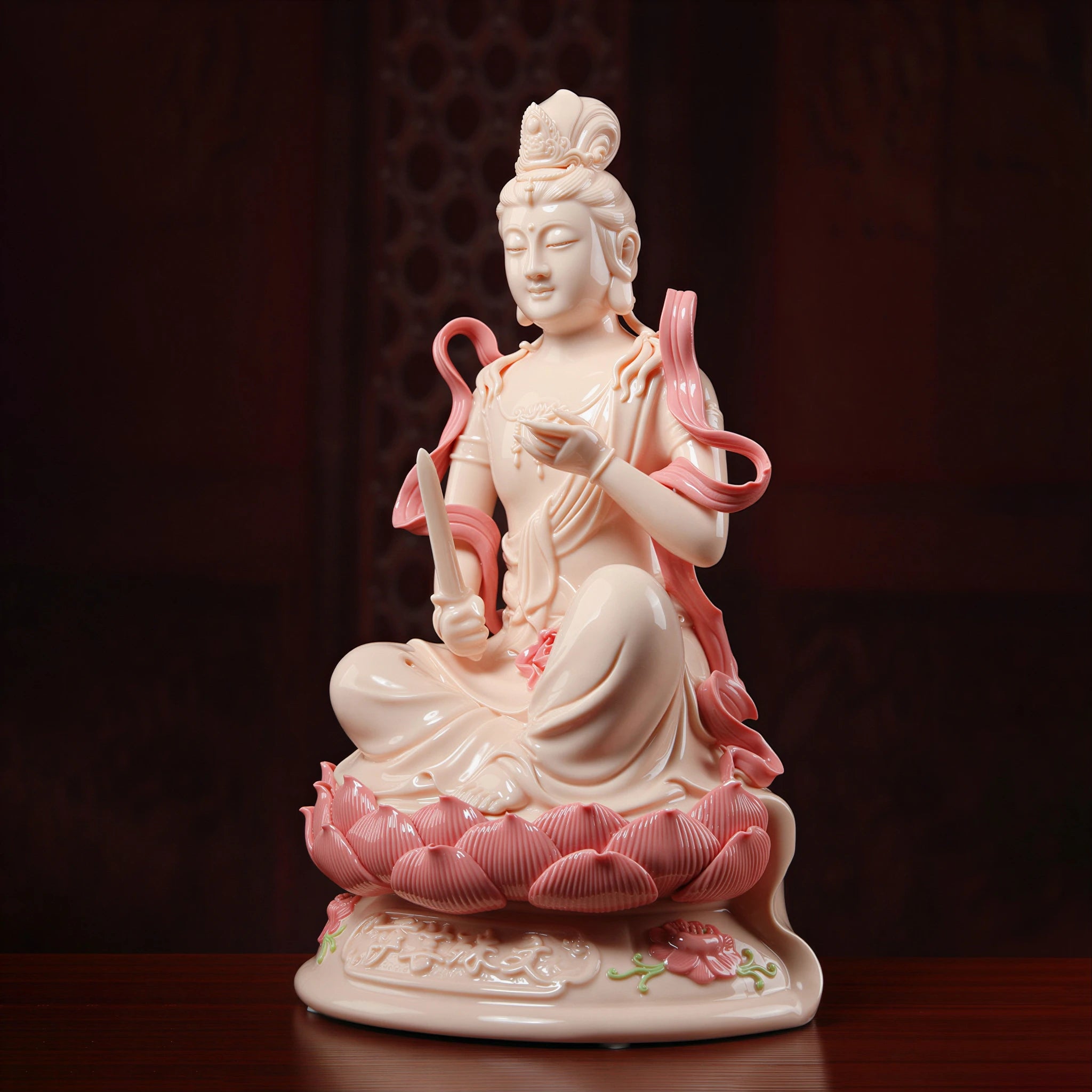 Angled view of jade-red Manjushri seated on the porcelain lotus base