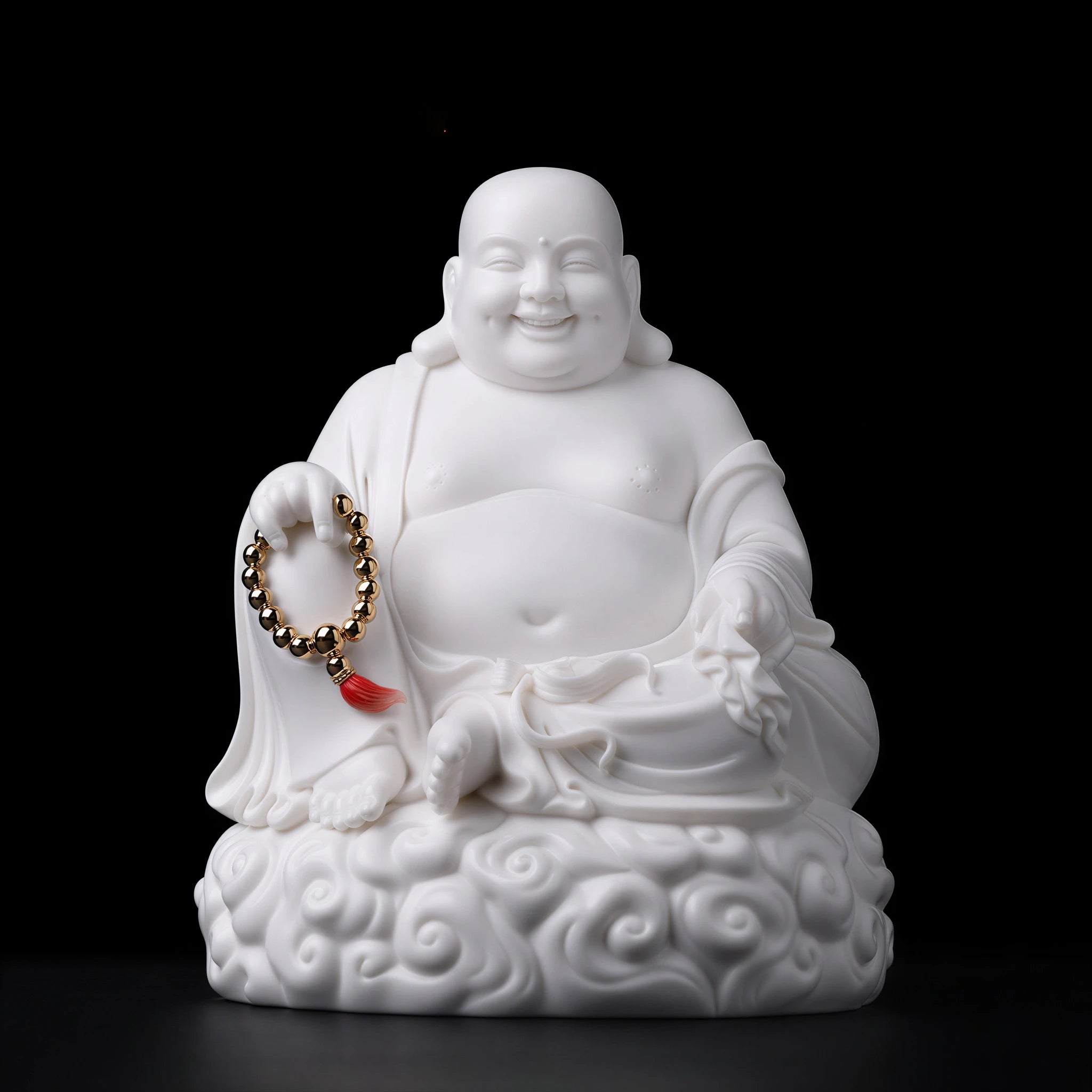 Matte jade-white Dehua Maitreya with gold-toned beads and a red tassel